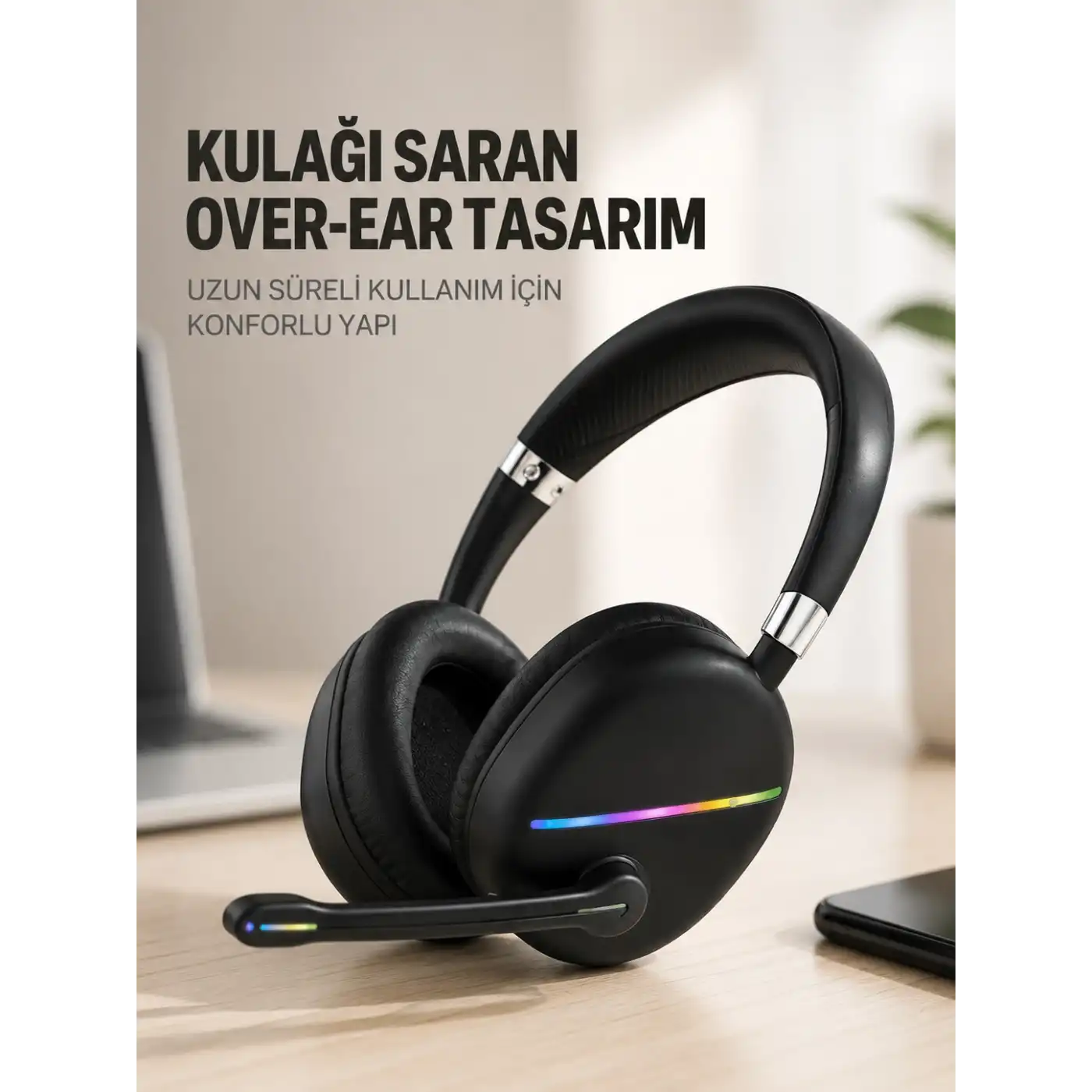 RGB Işıklı Bluetooth Mikrofonlu Kulaklık Uzun Süreli Kullanım Type-C Şarjlı