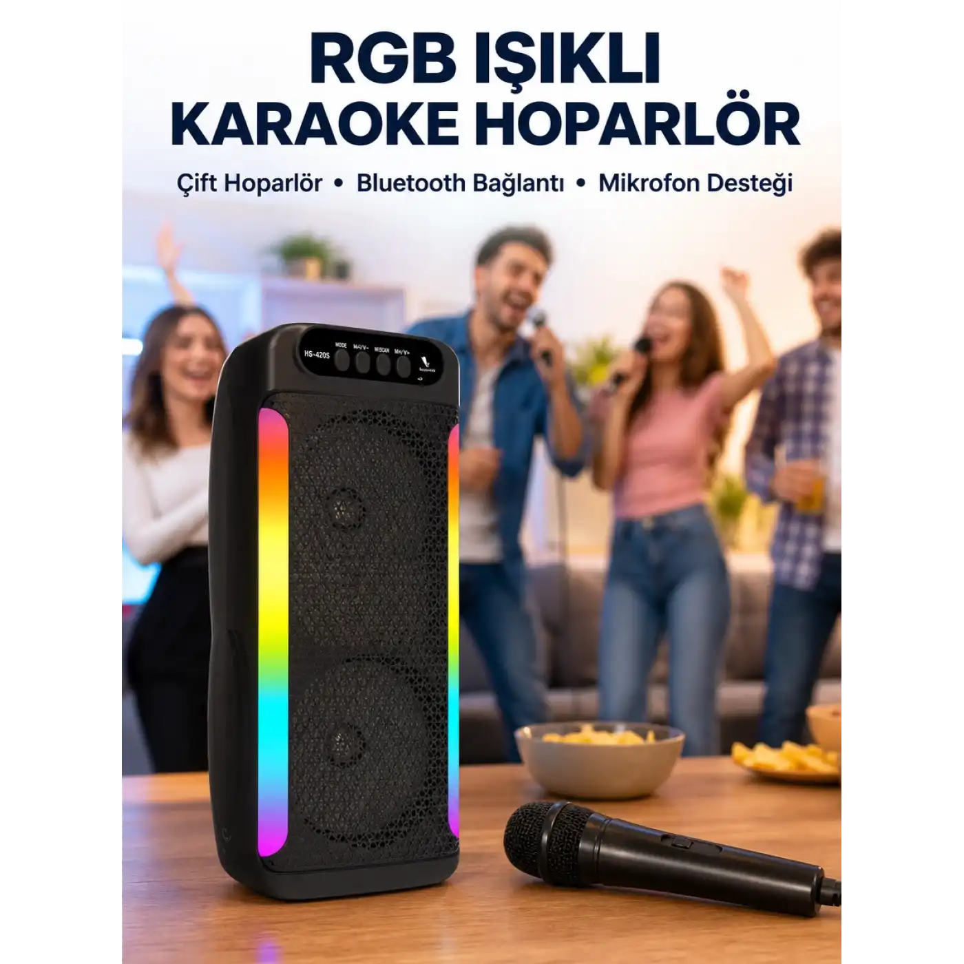 RGB Işıklı Çift Hoparlörlü Taşınabilir Bluetooth Speaker ve Mikrofon Yeni Nesil