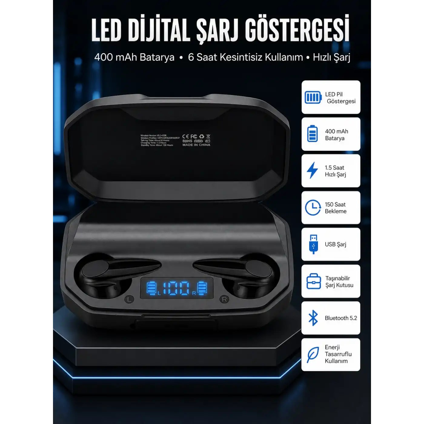 Rgb Işıklı Çift Mikrofonlu Siyah Profesyonel  Kulaklığı Kablosuz Kulakiçi