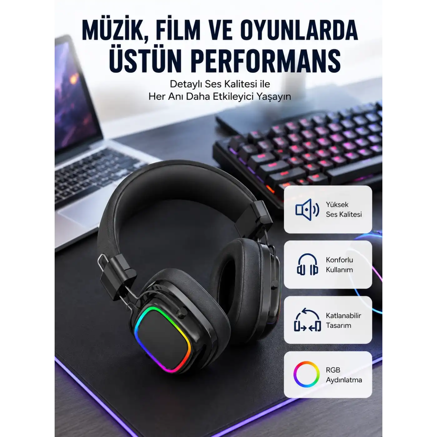 RGB Işıklı Katlanabilir Bluetooth 5.3 Kulak Üstü Kulaklık