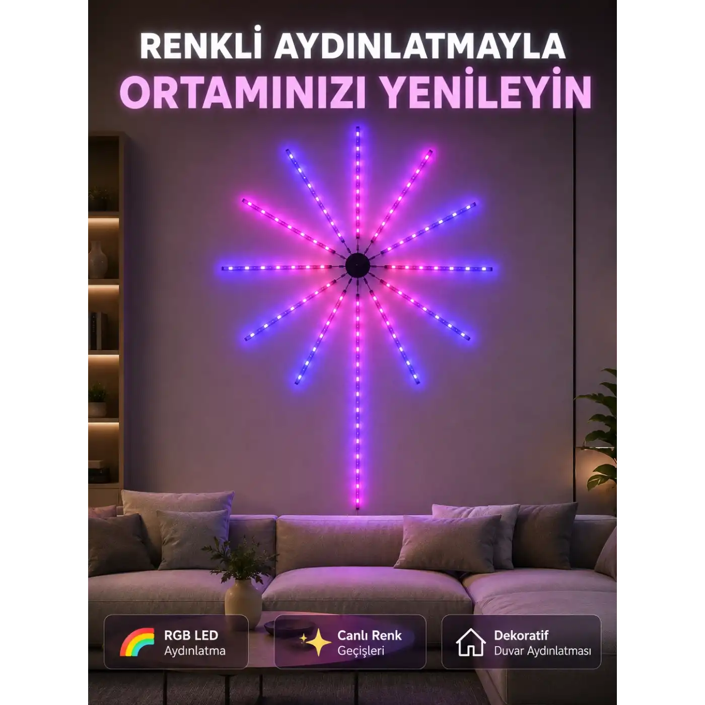 RGB LED Dekoratif Duvar Lambası İç Mekân Telefon Kontrollü Ortam Aydınlatması