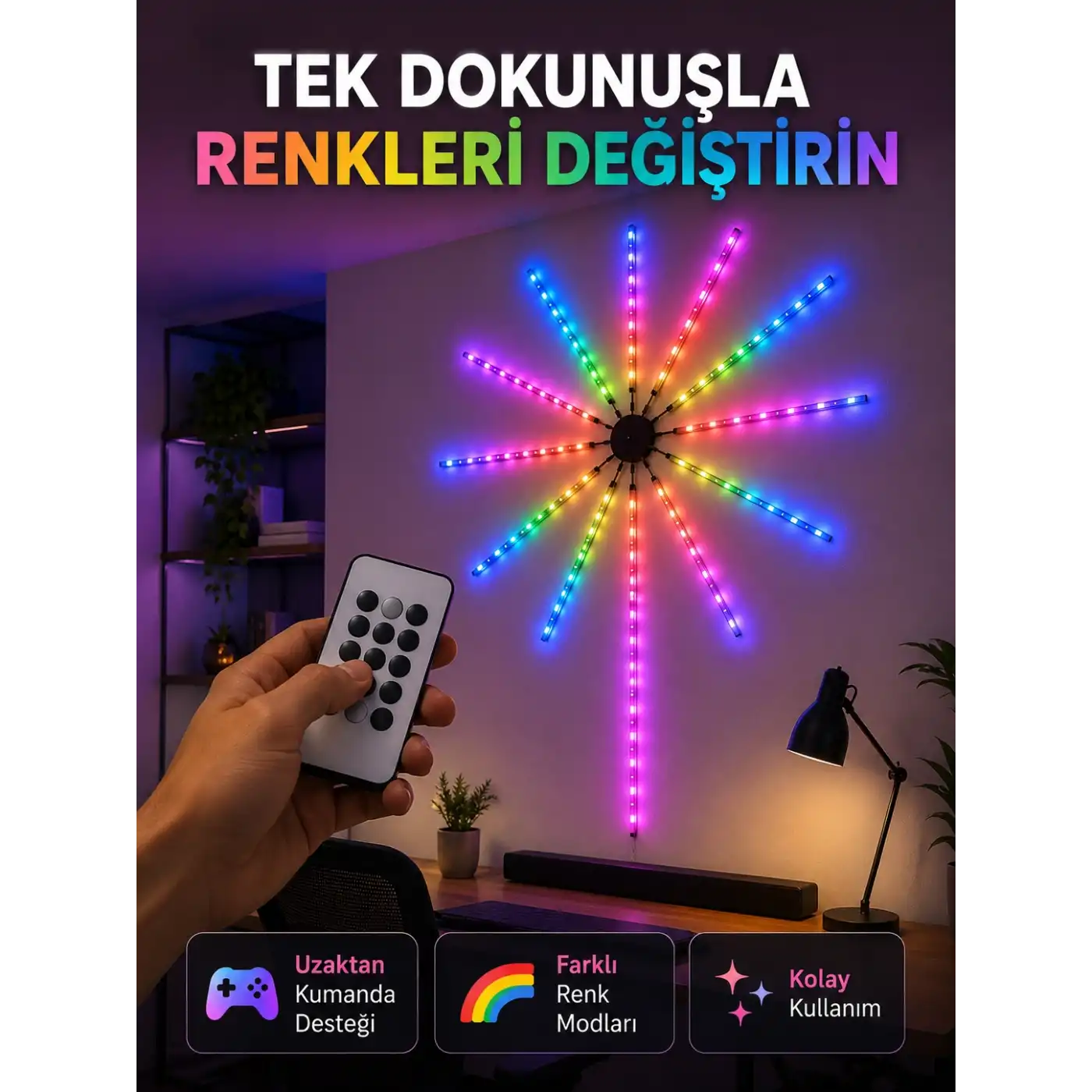 RGB LED Fireworks Duvar Lambası Uzaktan Kumandalı Telefon Kontrollü Ortam Aydınlatması