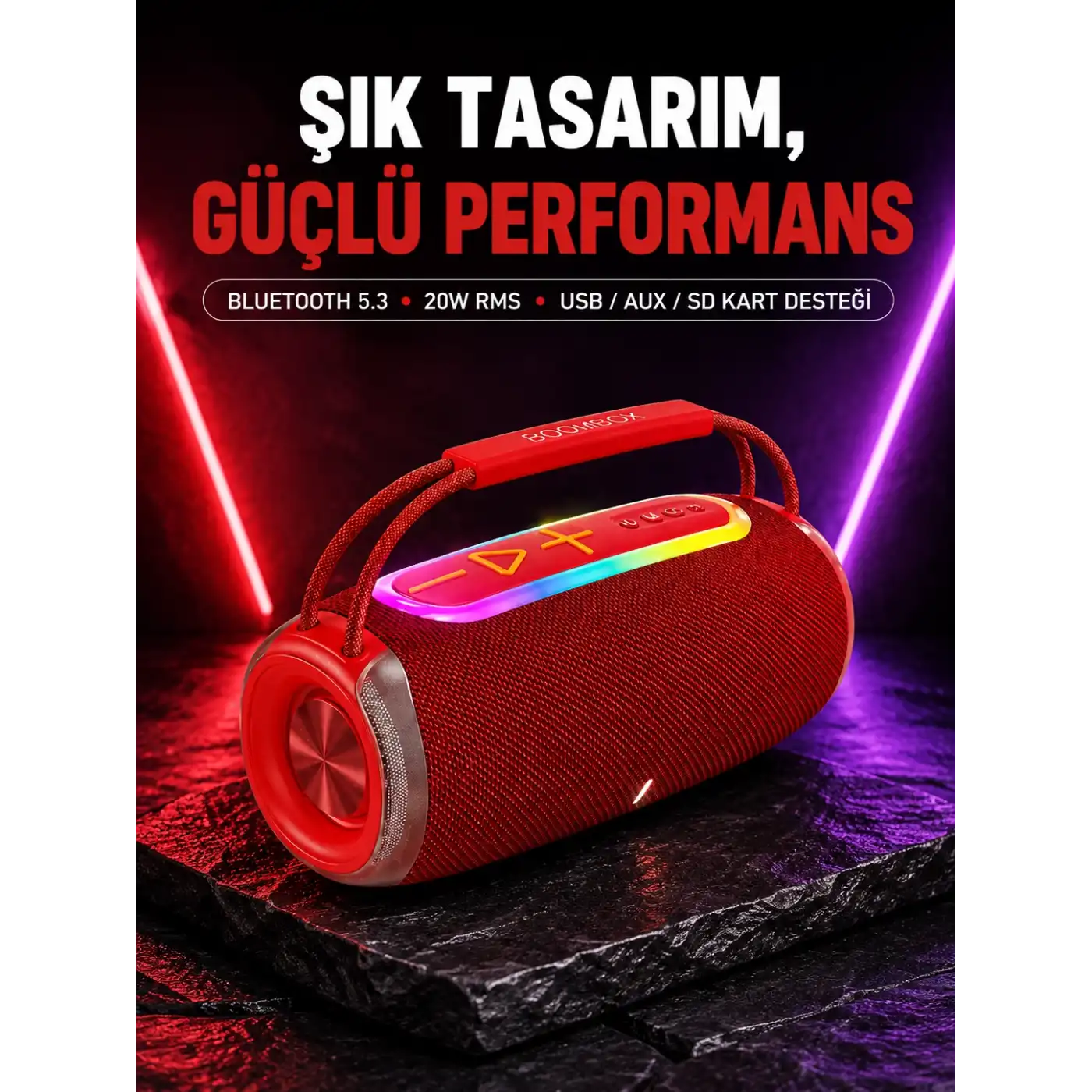 RGB LED Işıklı 20W Taşınabilir Bluetooth Hoparlör IPX6 Suya Dayanıklı