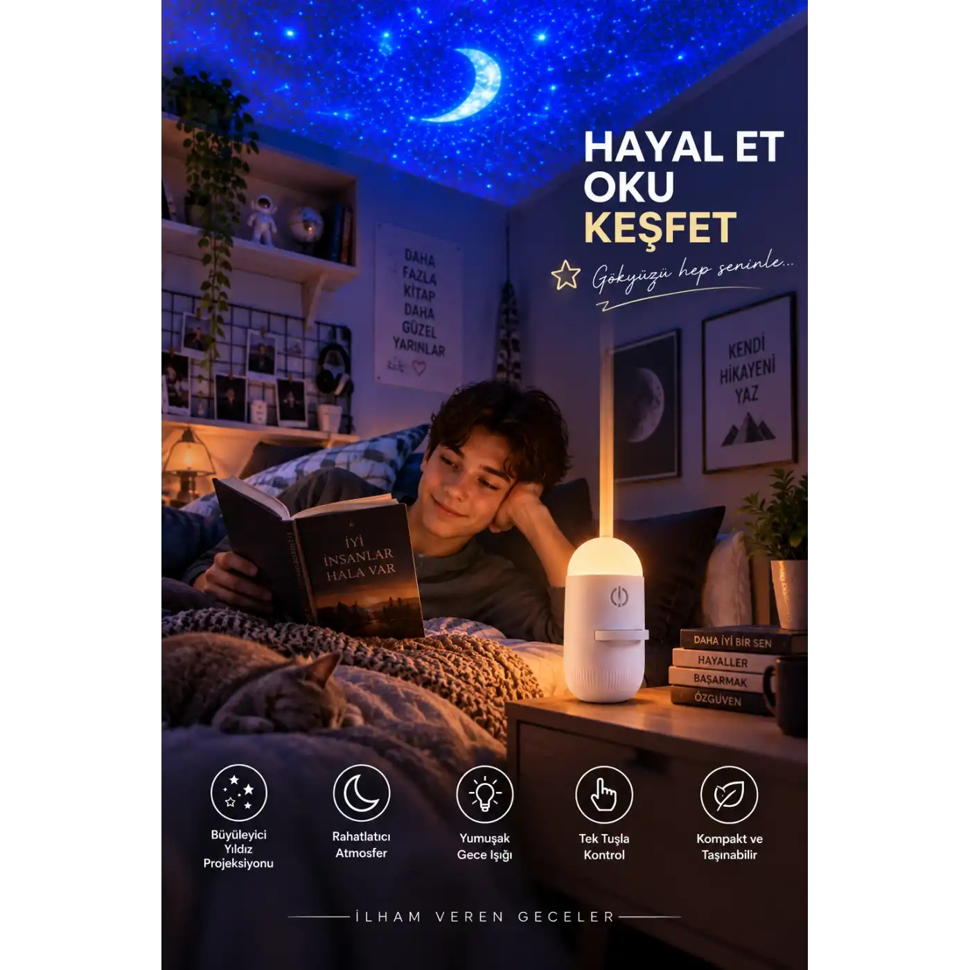 Romantik Atmosfer İçin Ay Yıldız Projeksiyonlu Gece Lambası