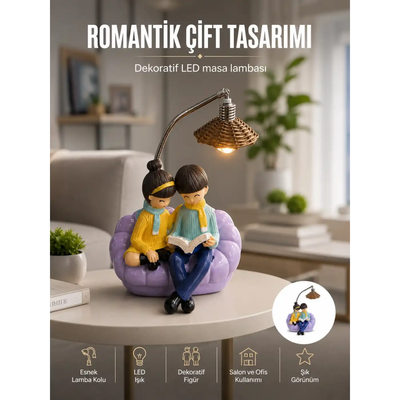 Romantik Çift Figürlü Okuyan Çift Masa Lambası Dekoratif LED Aydınlatma