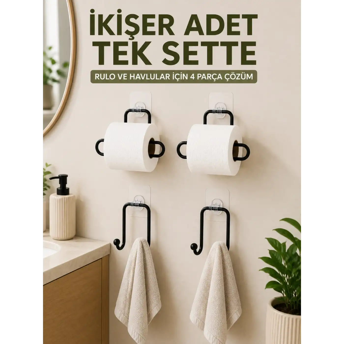 Rulo Kağıt Tutucu ve Havlu Bez Askılığı Seti 2’şer Adet Toplam 4 Parça