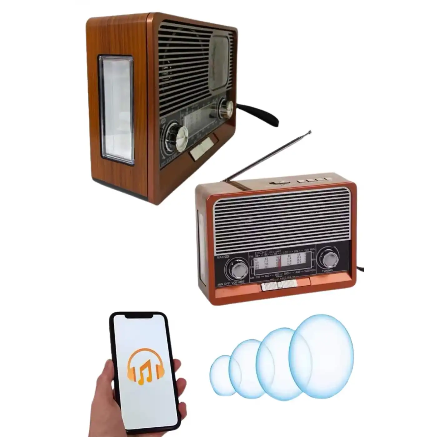 Saatli Fenerli Bluetooth Nostaljik Radyo AUX SD USB Girişli Bluetooth Hoparlör