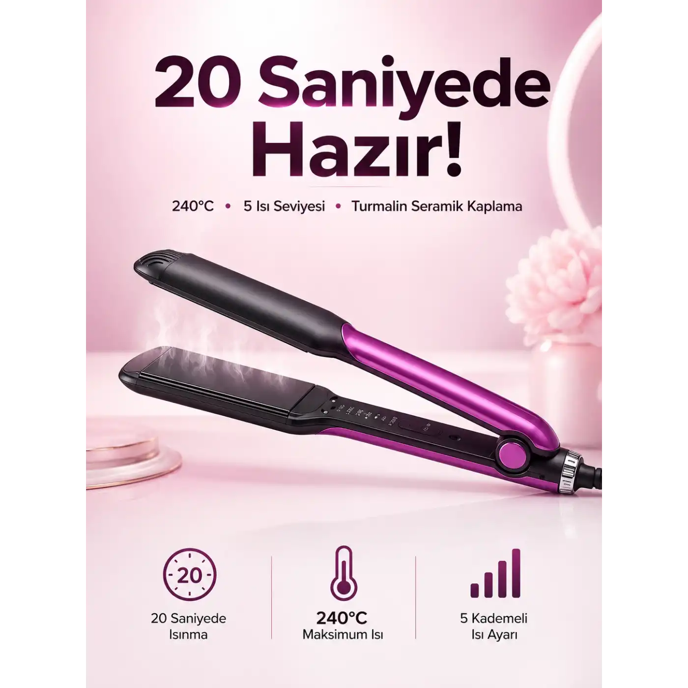 Saç Düzleştirici Isı Ayarlı Seramik Kaplama Döner Kablo Yıpranma Karşıtı