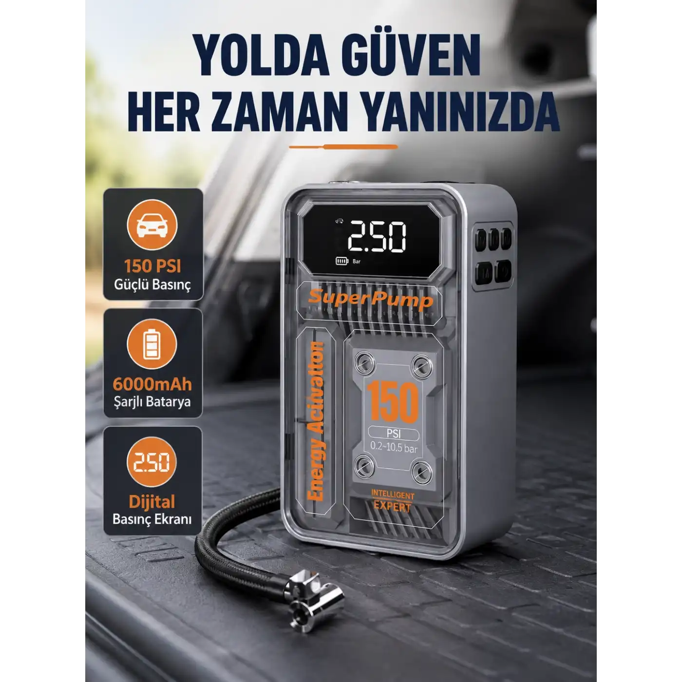 Şarjlı Kablosuz Hava Pompası – 150 PSI Basınç, LED Ekran ve 6000mAh Batarya