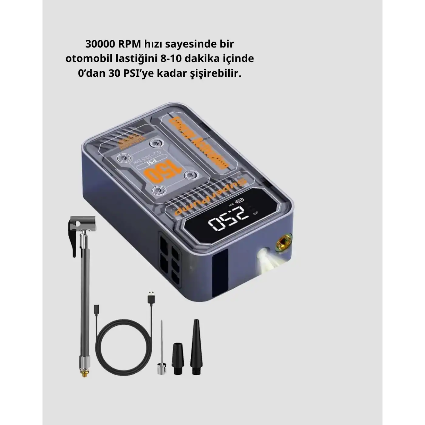 Şarjlı Kablosuz Hava Pompası – 150 PSI Basınç, LED Ekran ve 6000mAh Batarya