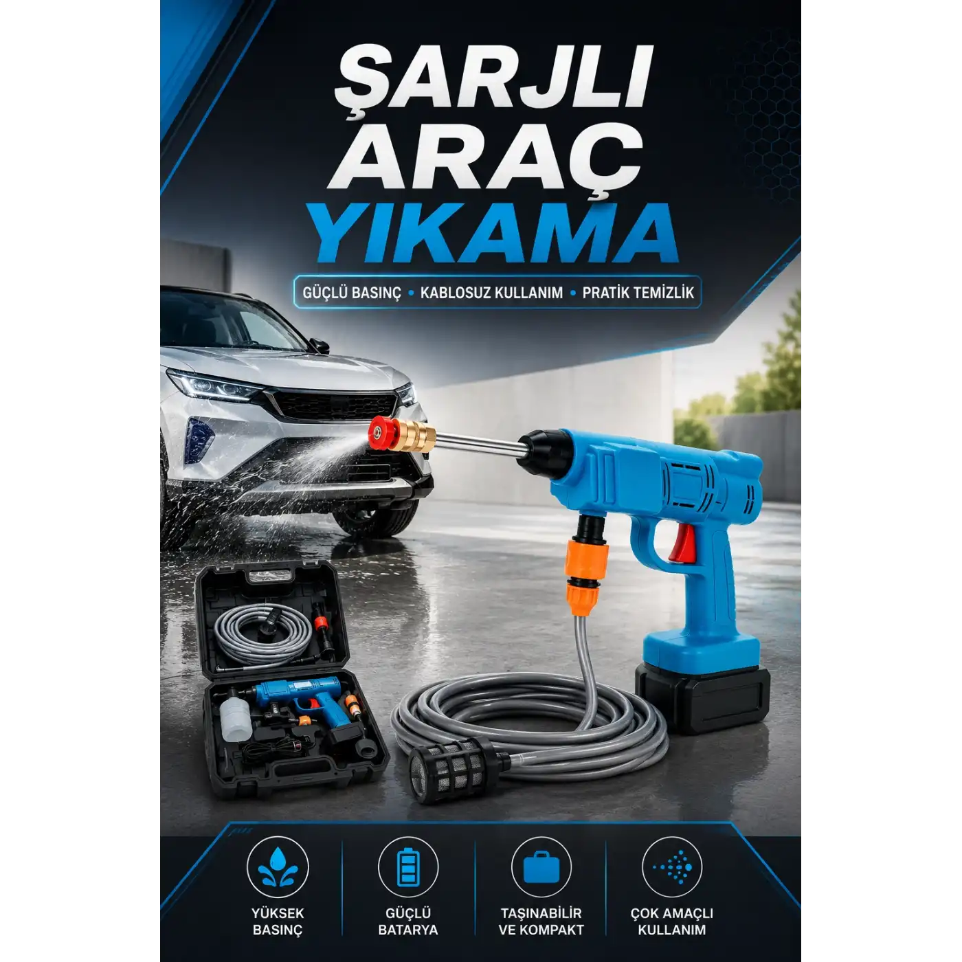 Şarjlı Oto Yıkama, Bahçe Sulama Tabancası Makinesi Yüksek Basınçlı