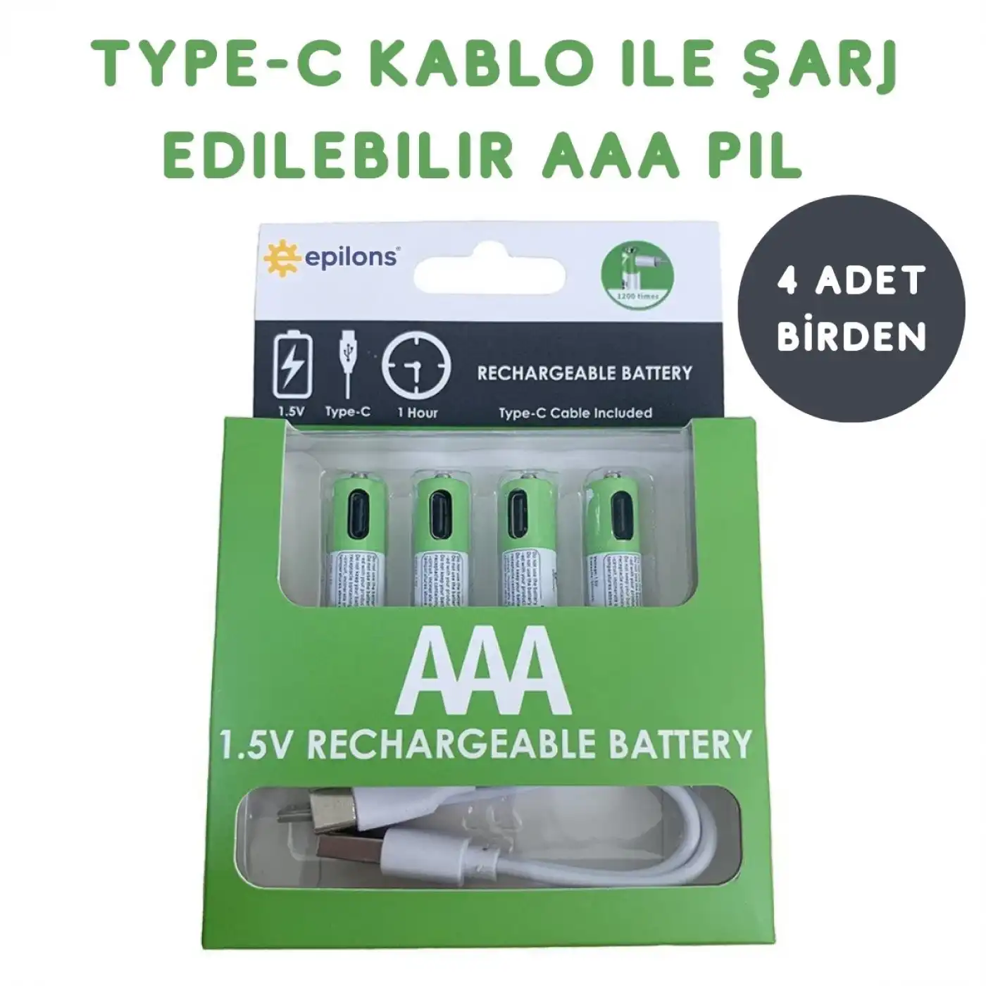 Type-C ile Şarjolabilen 4 lü AAA 1.5V Lityum İnce Şarjlı Kalem Pil 750 mAH Uzun Ömürlü
