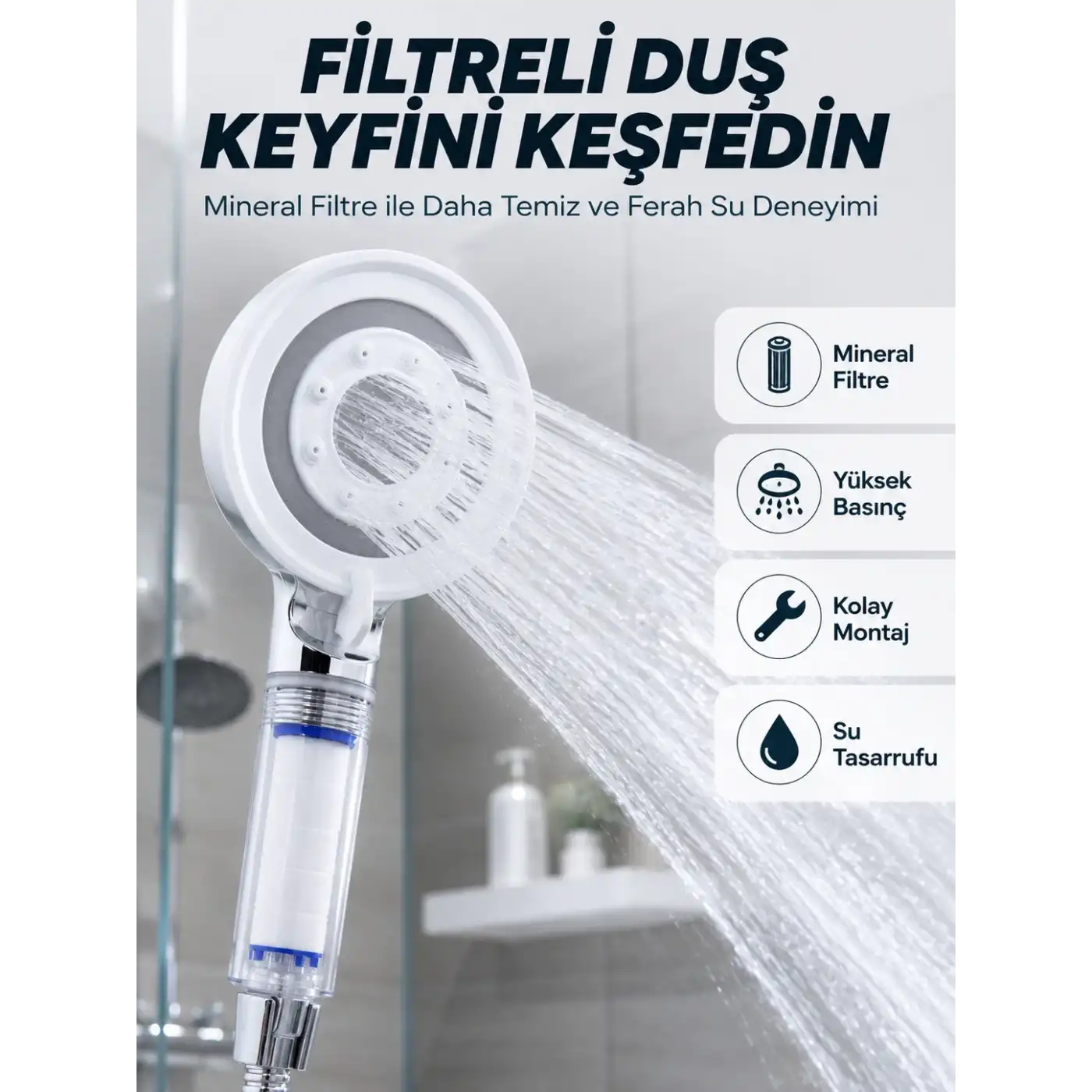 Şeffaf Filtre Hazneli Duş Başlığı Güçlü Akışlı Pratik Banyo Duşu