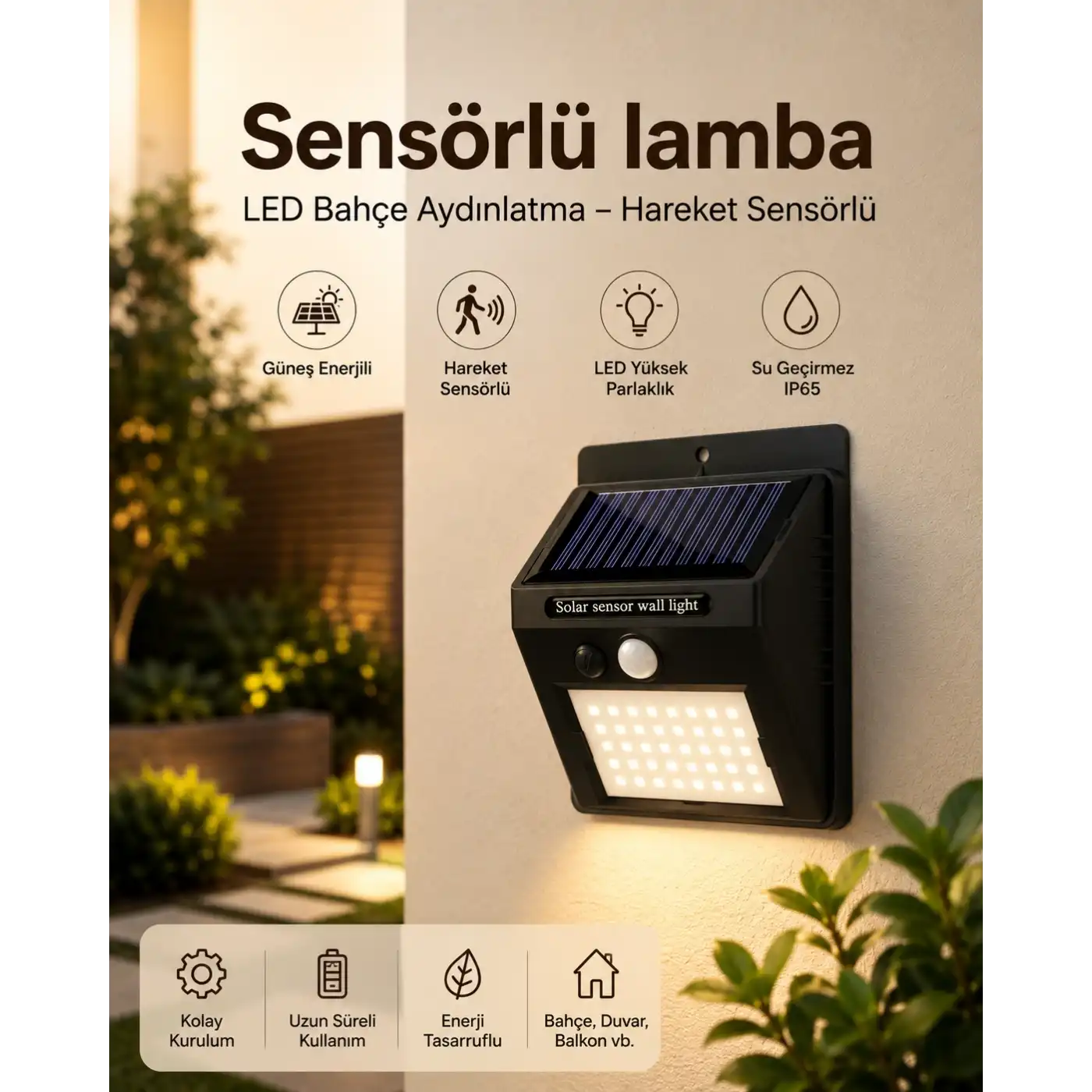 Sensörlü, Güneş Enerjili LED Duvar Lambası Bahçe ve Balkon Aydınlatma