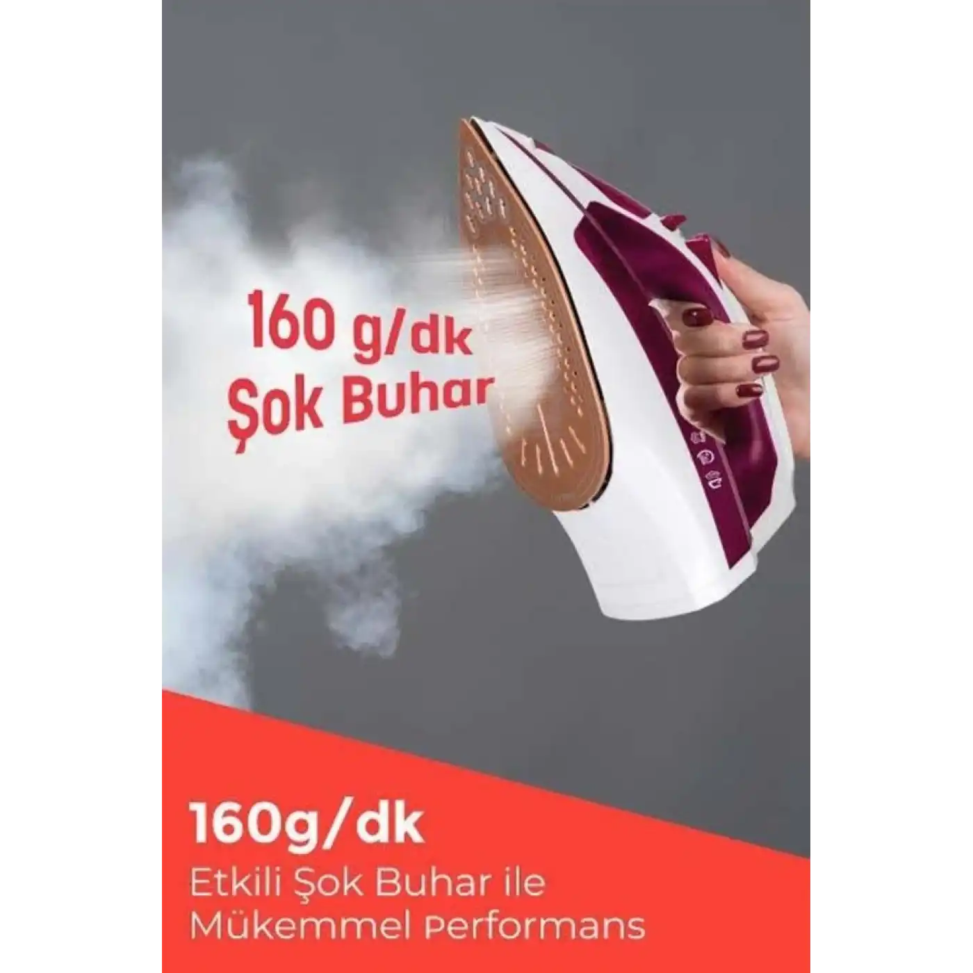 Seramik Tabanlı Kırmızı 2200 Watt Şok Buharlı Ütü Yeni Nesil