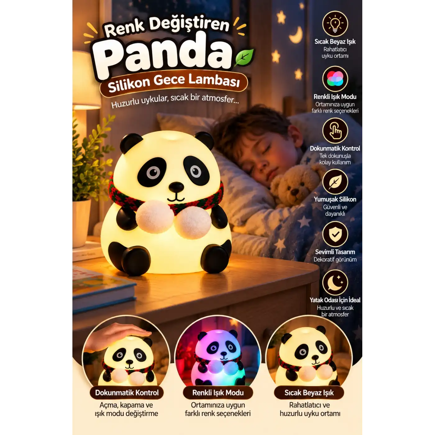 Sevimli Panda Silikon Gece Lambası Renkli Işık Modu Dokunmatik Kontrollü Aydınlatma
