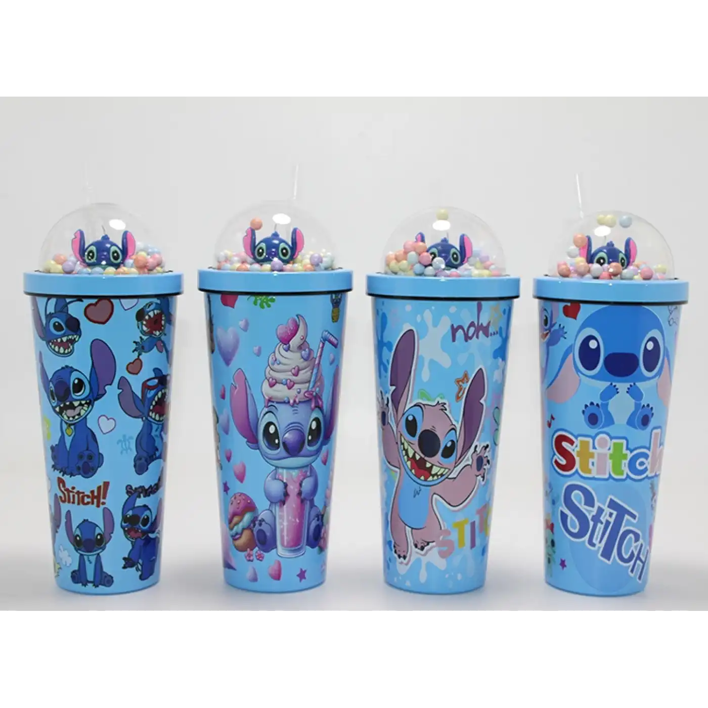 Sevimli Stitch Pipetli Boncuklu Termos Ve Suluk