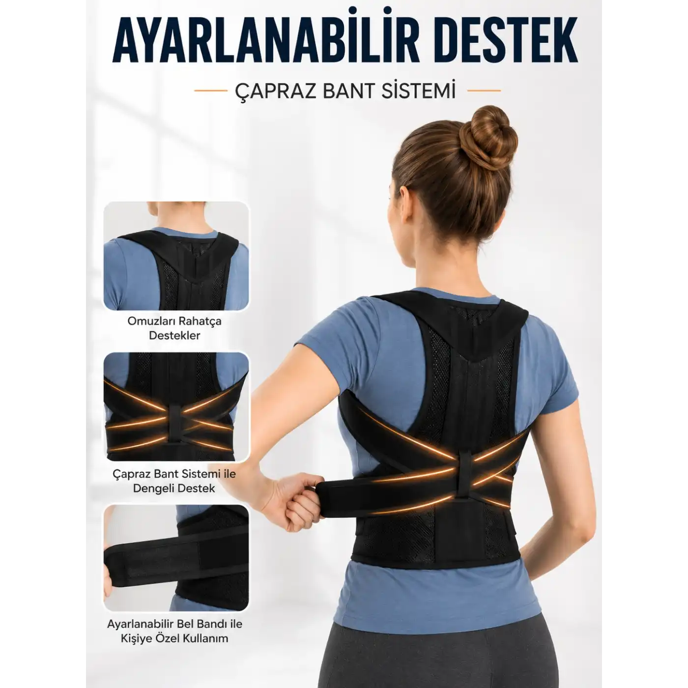 Sırt ve Bel Destekli Dik Duruş Korsesi Ayarlanabilir Çapraz Bantlı Fileli Tasarım