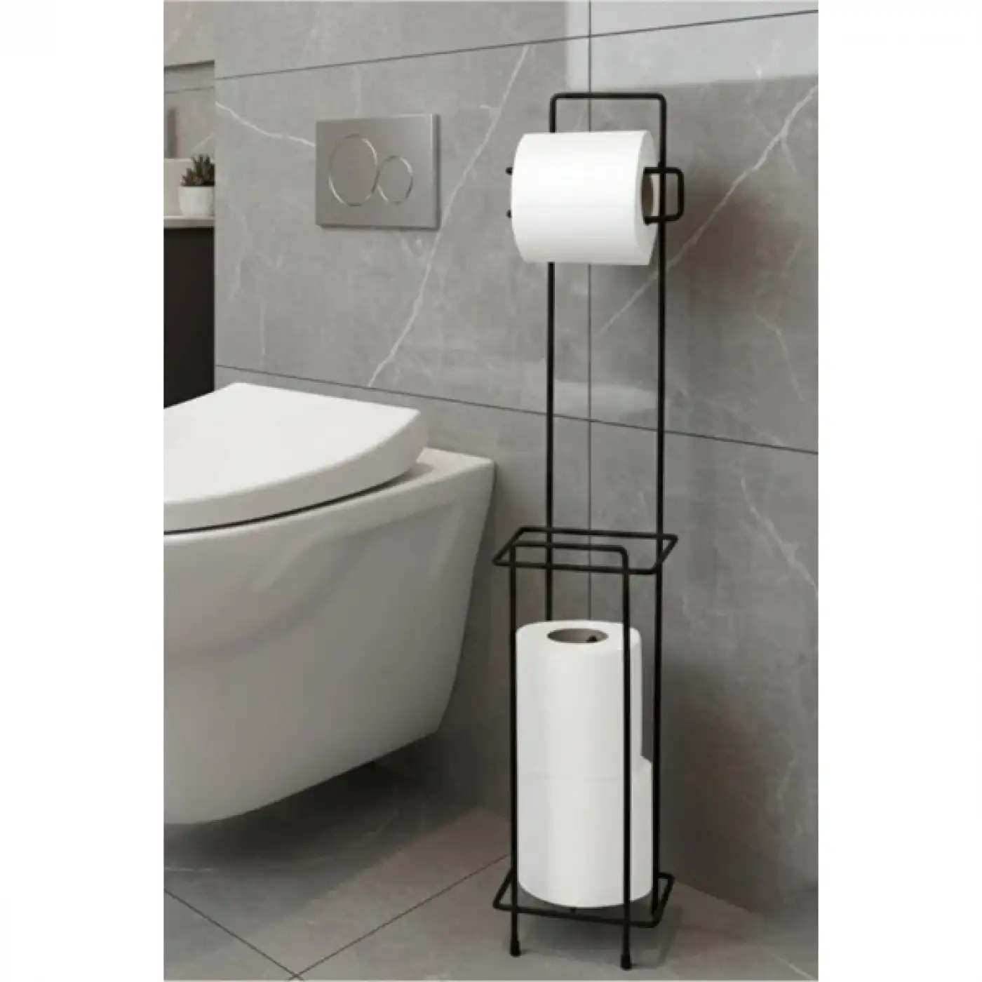 Siyah Standlı Yedek Hazneli Tuvalet Kağıtlığı