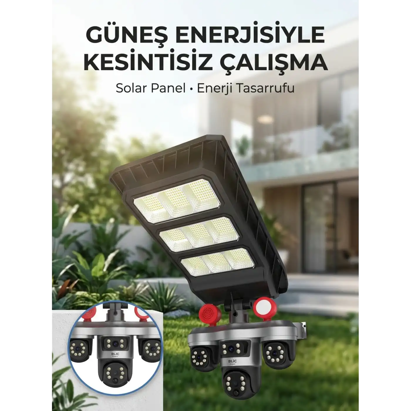 Solar Panelli Akıllı Güvenlik Kamerası LED Projektörlü