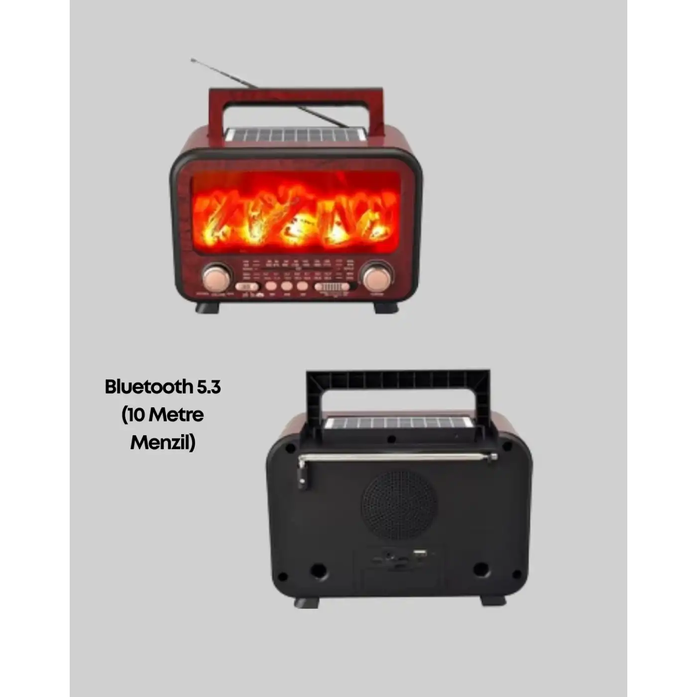 Solar Panelli Alev Işıklı Bluetooth Hoparlör – Çoklu Giriş, Uzun Pil Ömrü