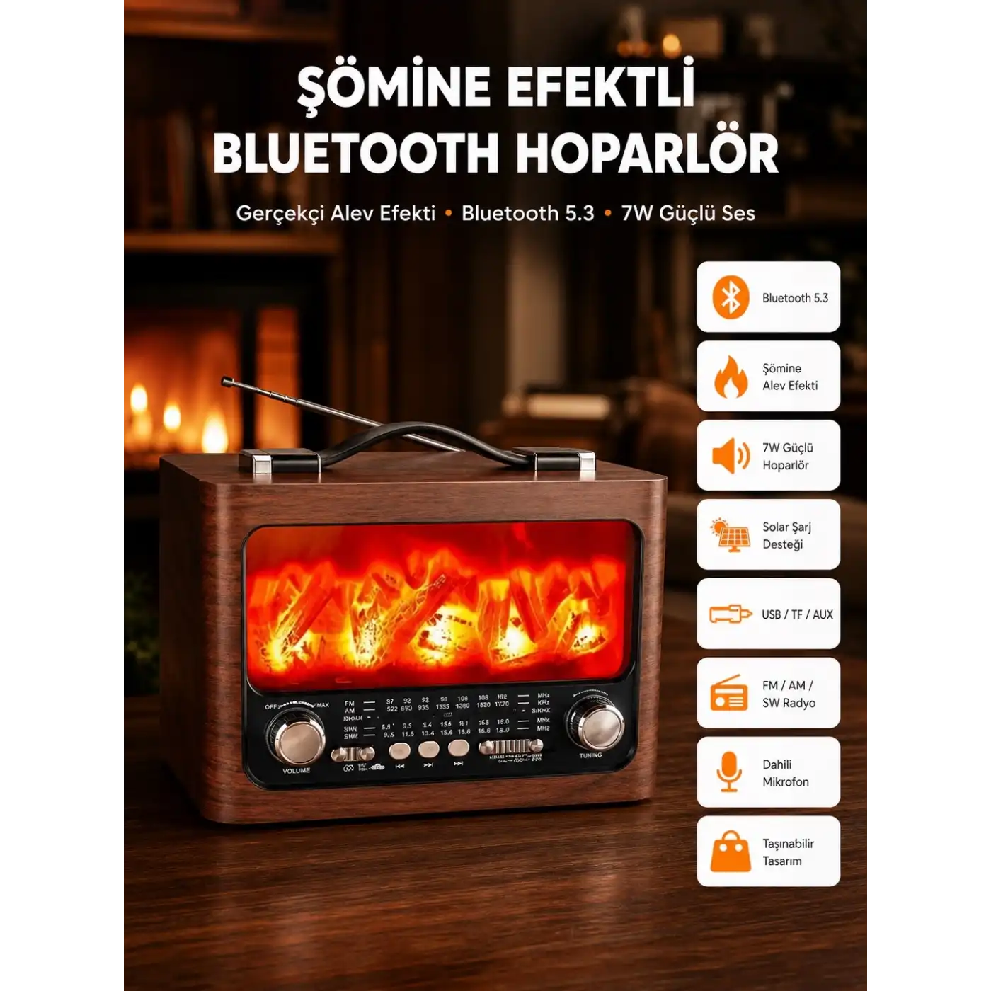 Solar Şarjlı Şömine Işıklı Bluetooth Hoparlör – Radyo, USB, TF Kart Destekli