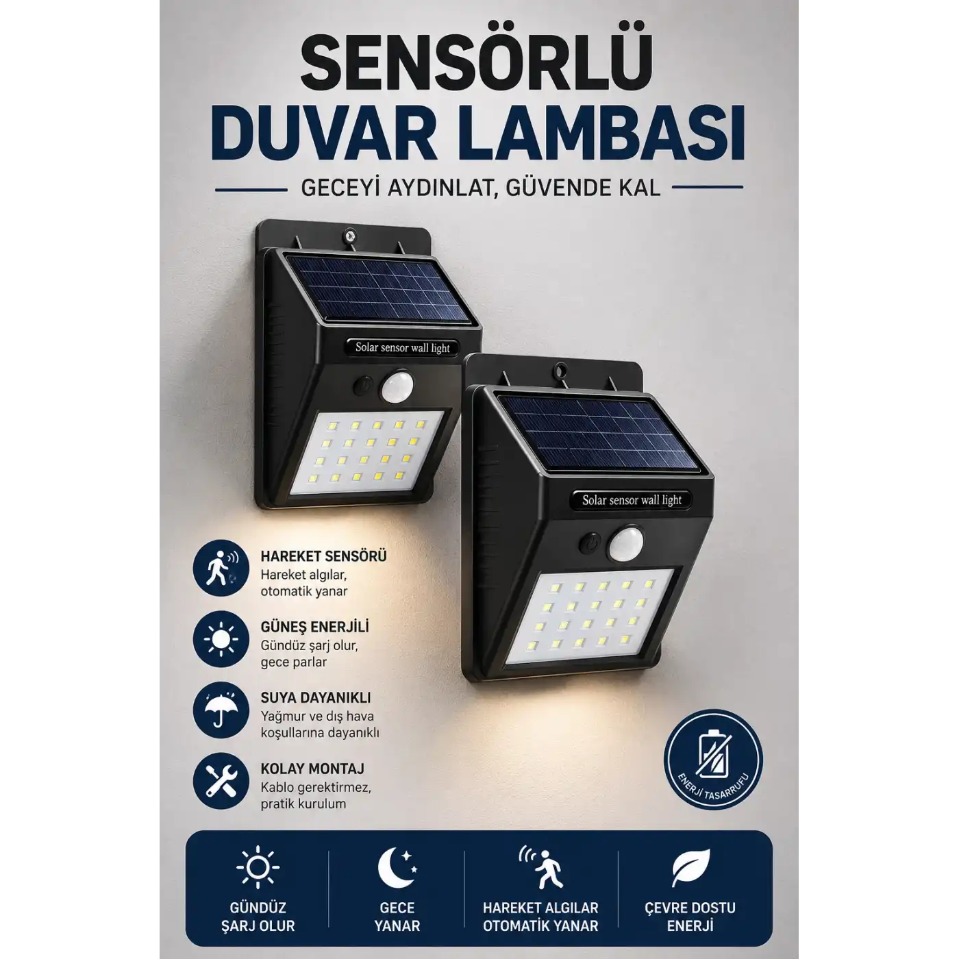 Solar Sensörlü Duvar Lambası Bahçe Lamba 20 Led Işık