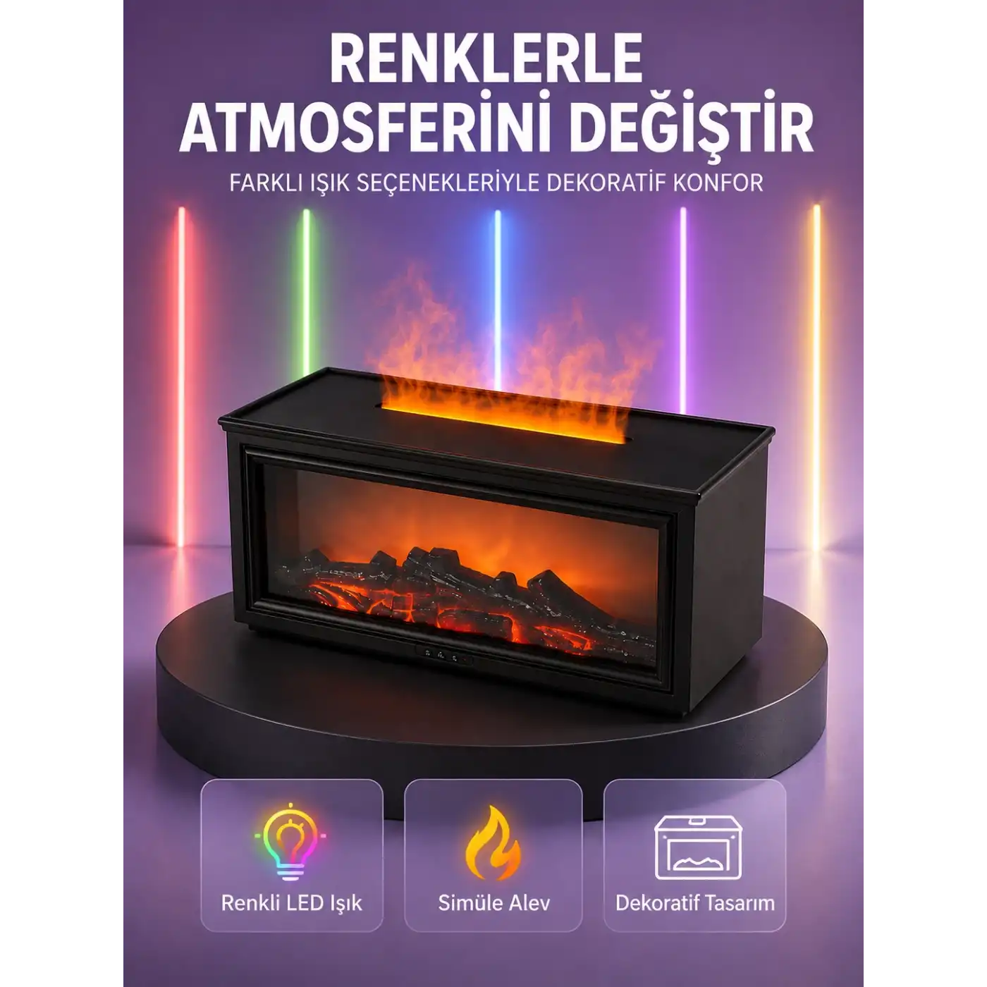 Şömine Görünümlü Hava Nemlendirici Renkli LED Işıklı Aroma Difüzörü