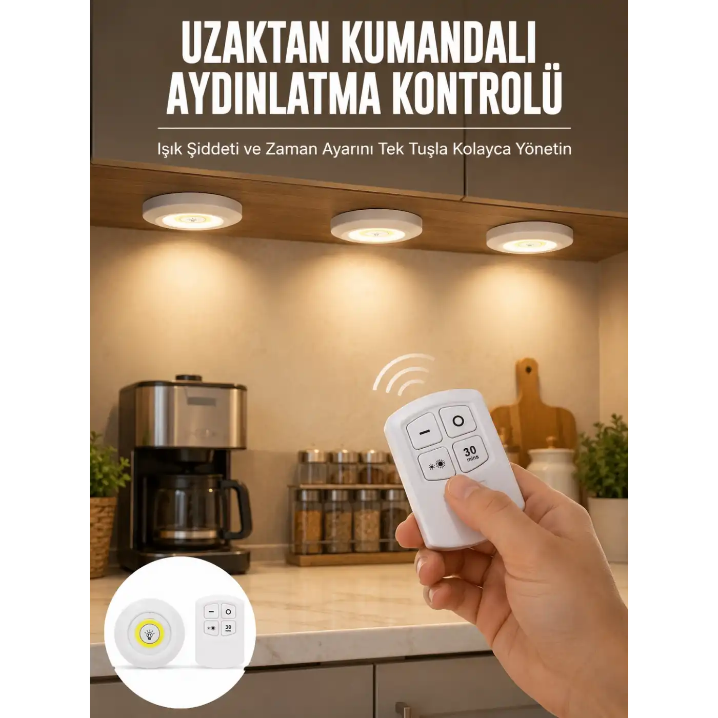 Spot Lamba Led Işık 3lü Uzaktan Kumandalı Pilli Yapışkanlı Kablosuz Yeni Nesil