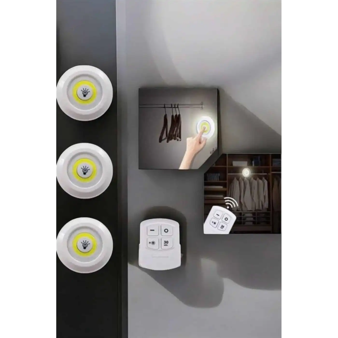Spot Lamba Led Işık 3lü Uzaktan Kumandalı Pilli Yapışkanlı Kablosuz Yeni Nesil