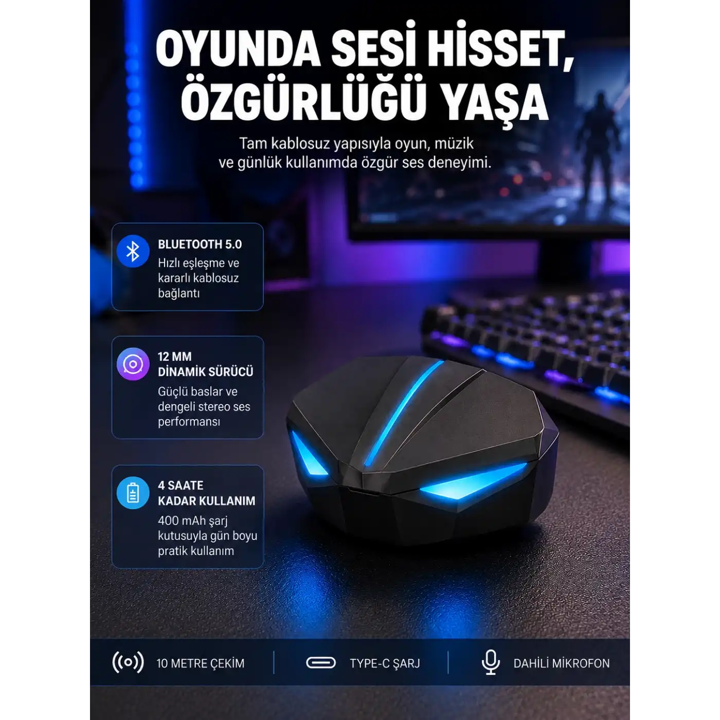 Tam Kablosuz  Kulaklığı 5.0 Bluetooth LED Kontrollü Yeni Nesil