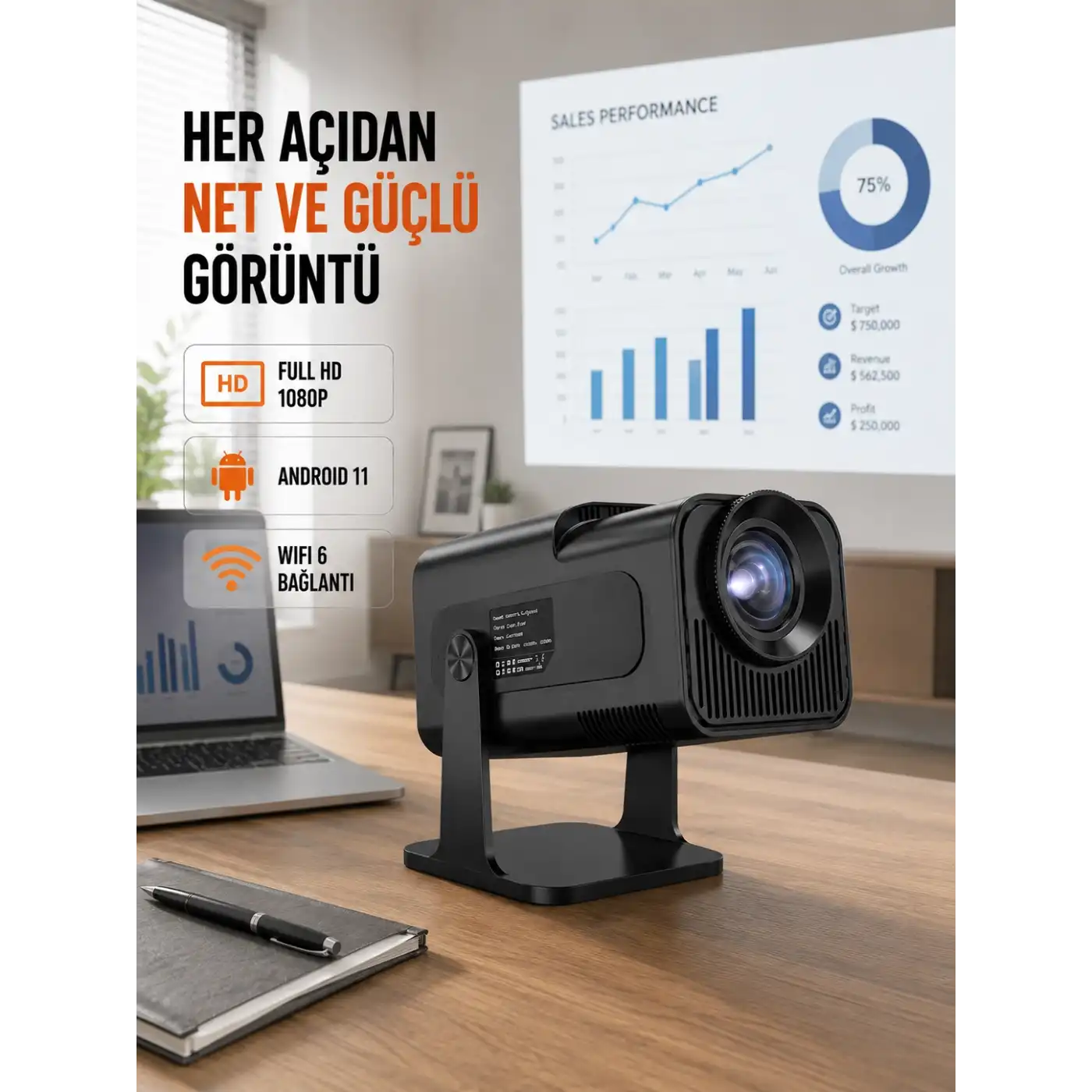 Taşınabilir Full HD Projektör - 1 GB RAM, 8 GB Hafıza Yeni Nesil