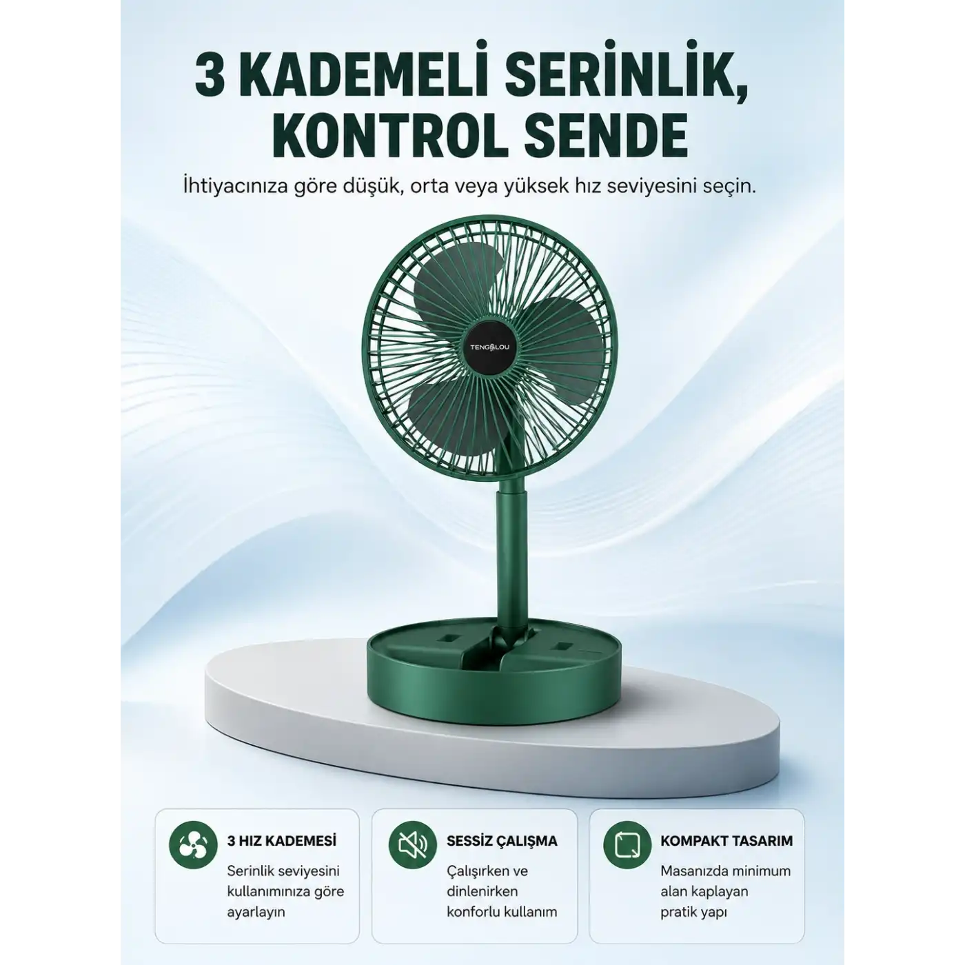 Taşınabilir Katlanabilir Mini Fan 3 Kademeli Şarj Edilebilir