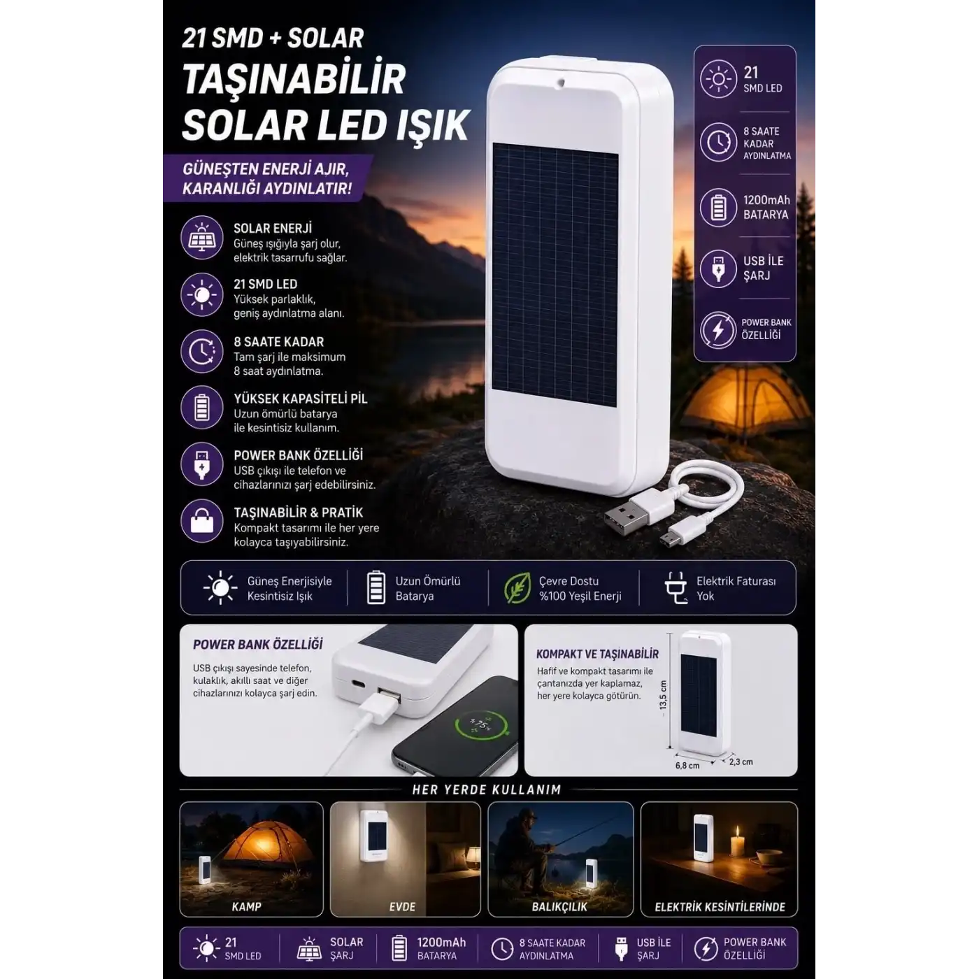 Taşınabilir Solar Led Power Bank