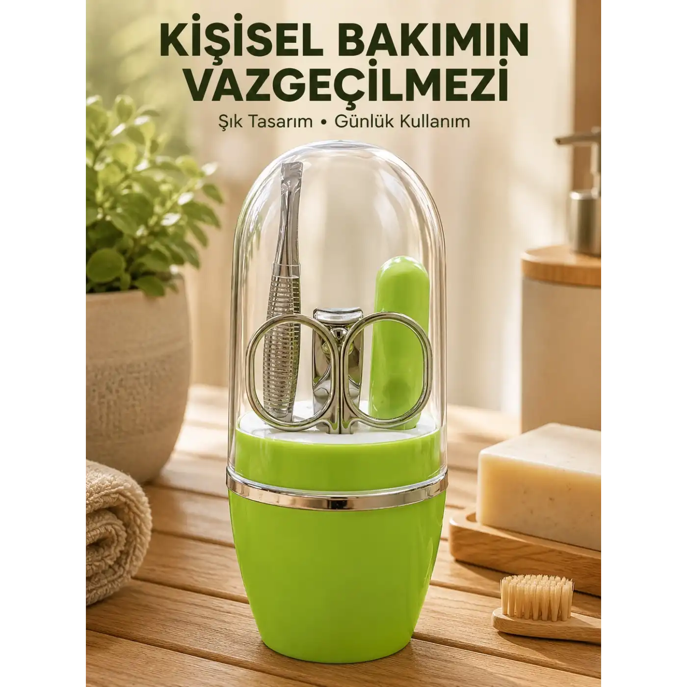 Taşınabilir Yeşil Manikür Seti Kapsüllü Kişisel Bakım Çantası