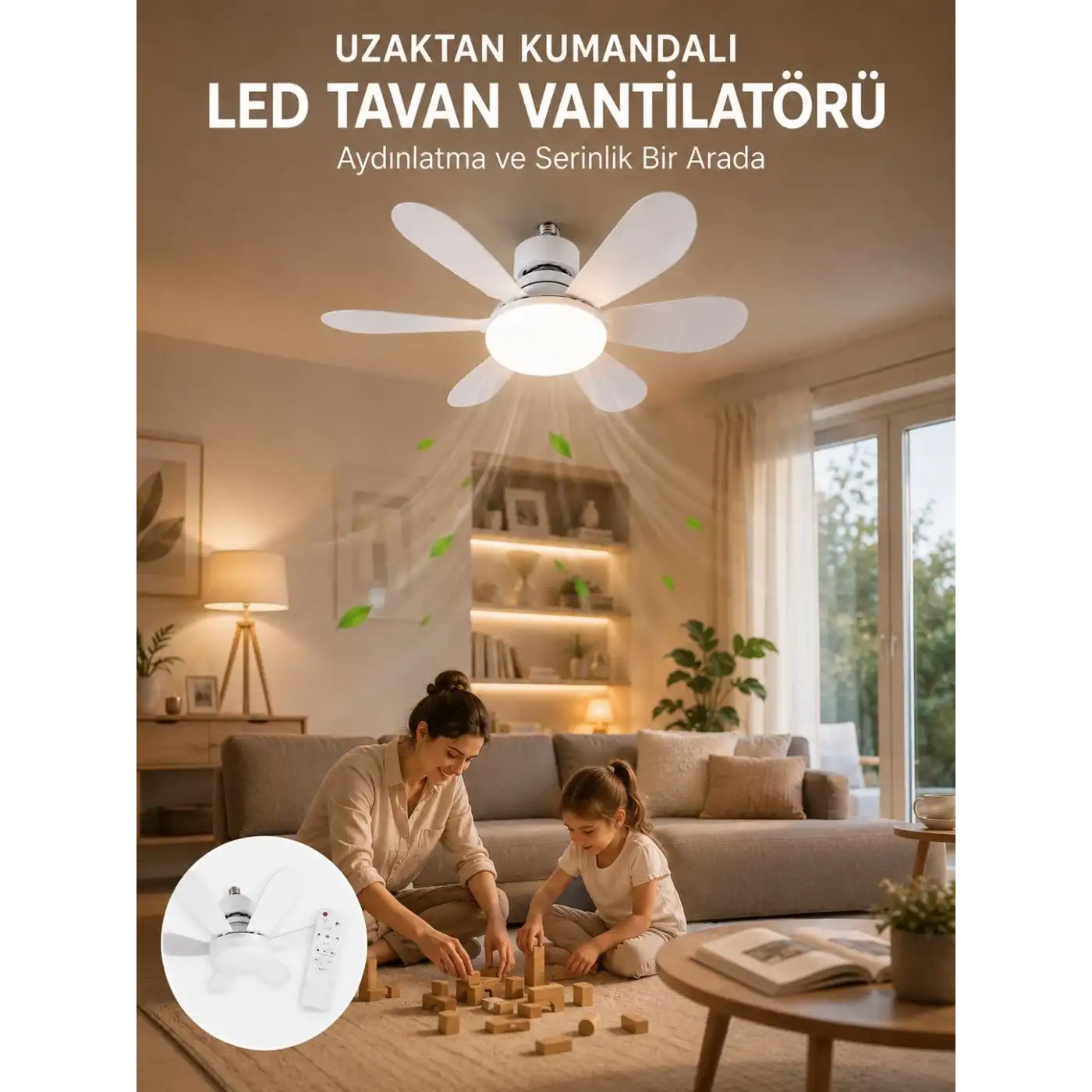 Tavan Vantilatörü Sessiz Motorlu Uzaktan Kumandalı LED Aydınlatma Güçlü Serinletme