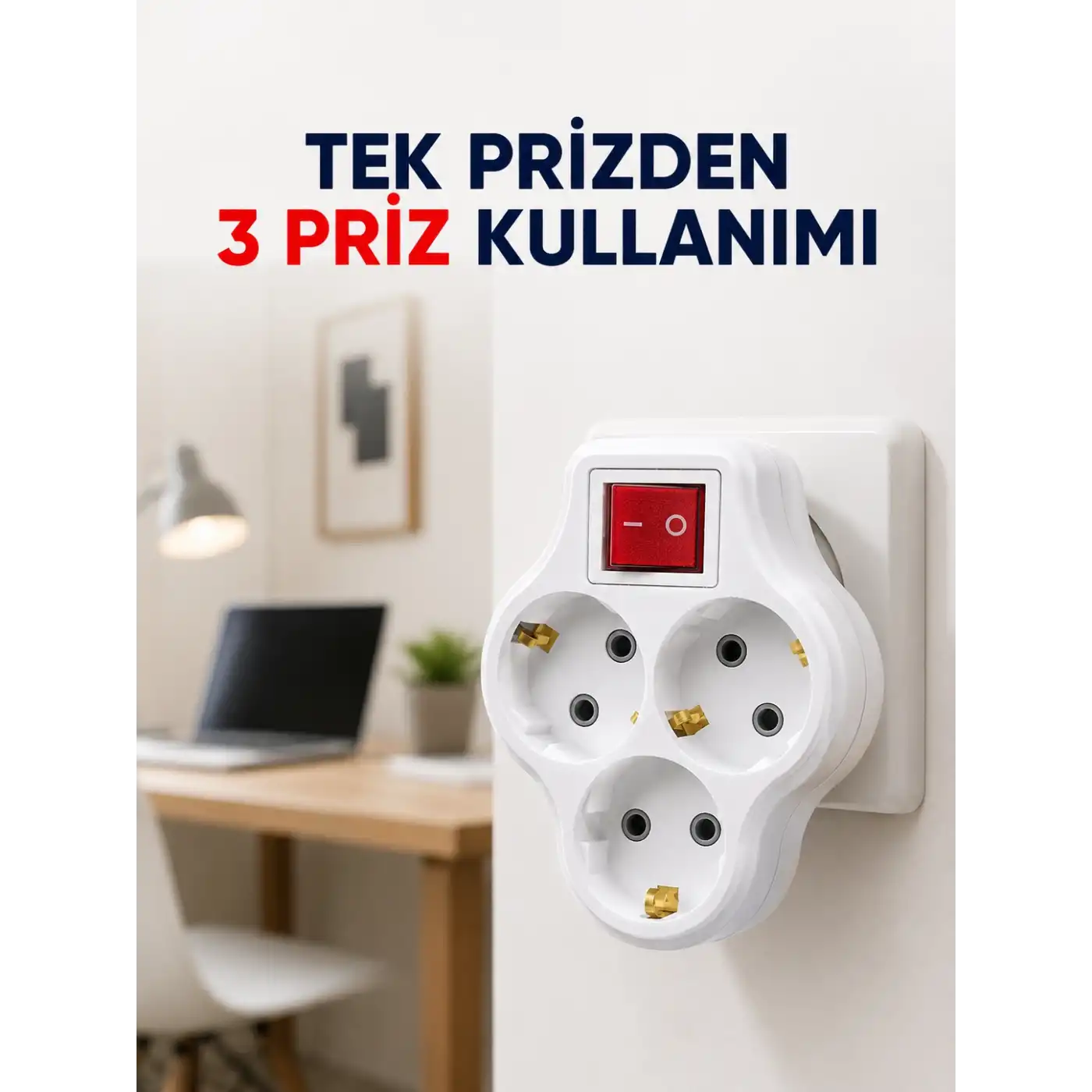 Tek Prizi 3’lü Yapan Anahtarlı Priz Adaptörü Topraklı Priz Çoğaltıcı