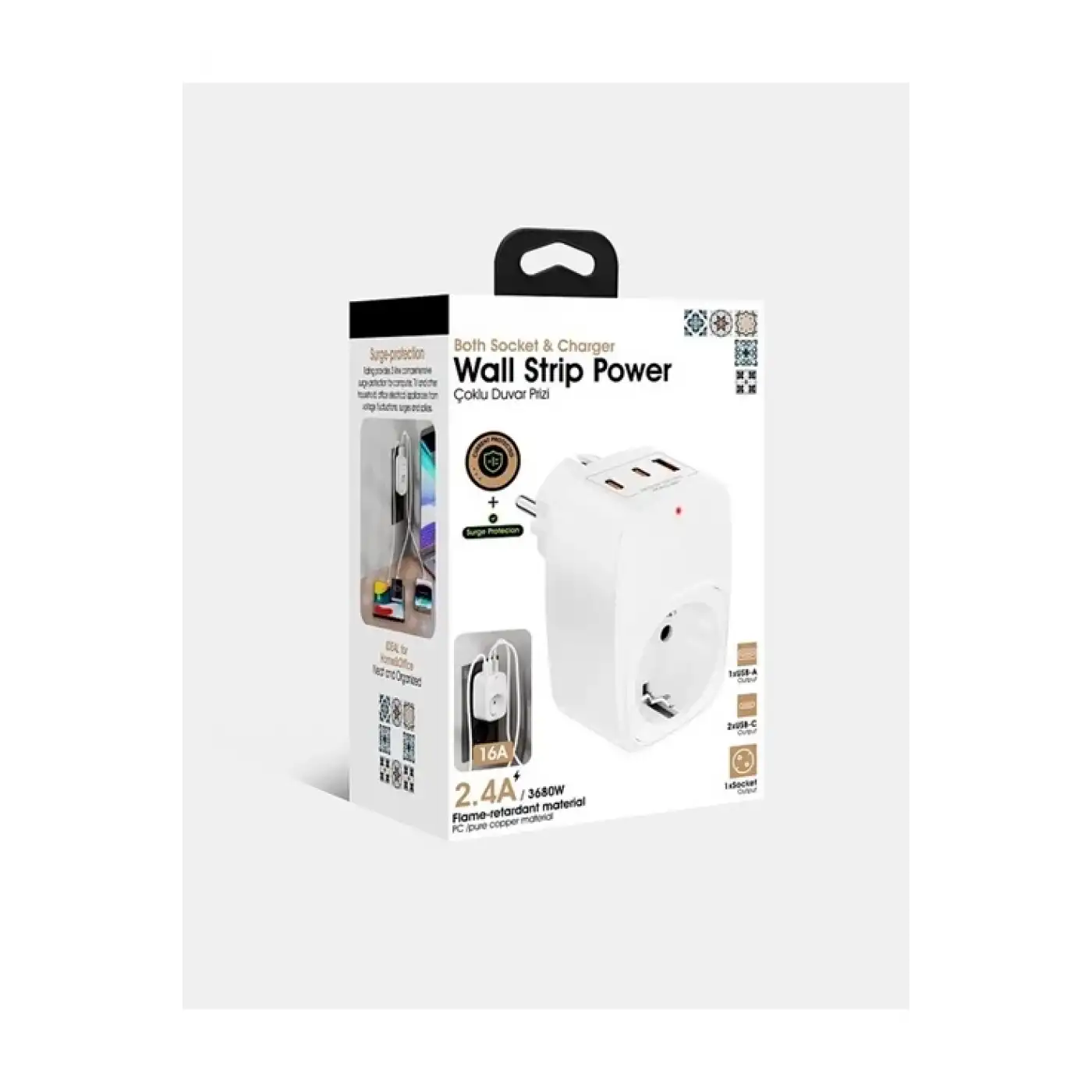 Tekli Yüksek Voltaj Korumalı Duvar Prizi 2x Type-c 1x Usb Çıkışlı Priz Grup Priz Çoğaltıcı Siyah