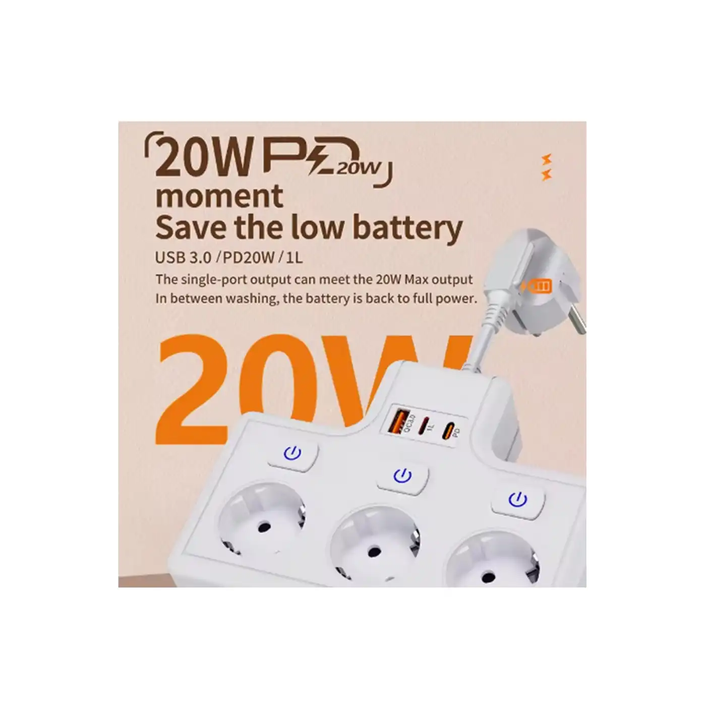 Termal Akım Korumalı 3’lü Duvar Tipi Priz 1x Usb 2x Type-c Çıkışlı Grup Priz Çoğaltıcı (3500w)