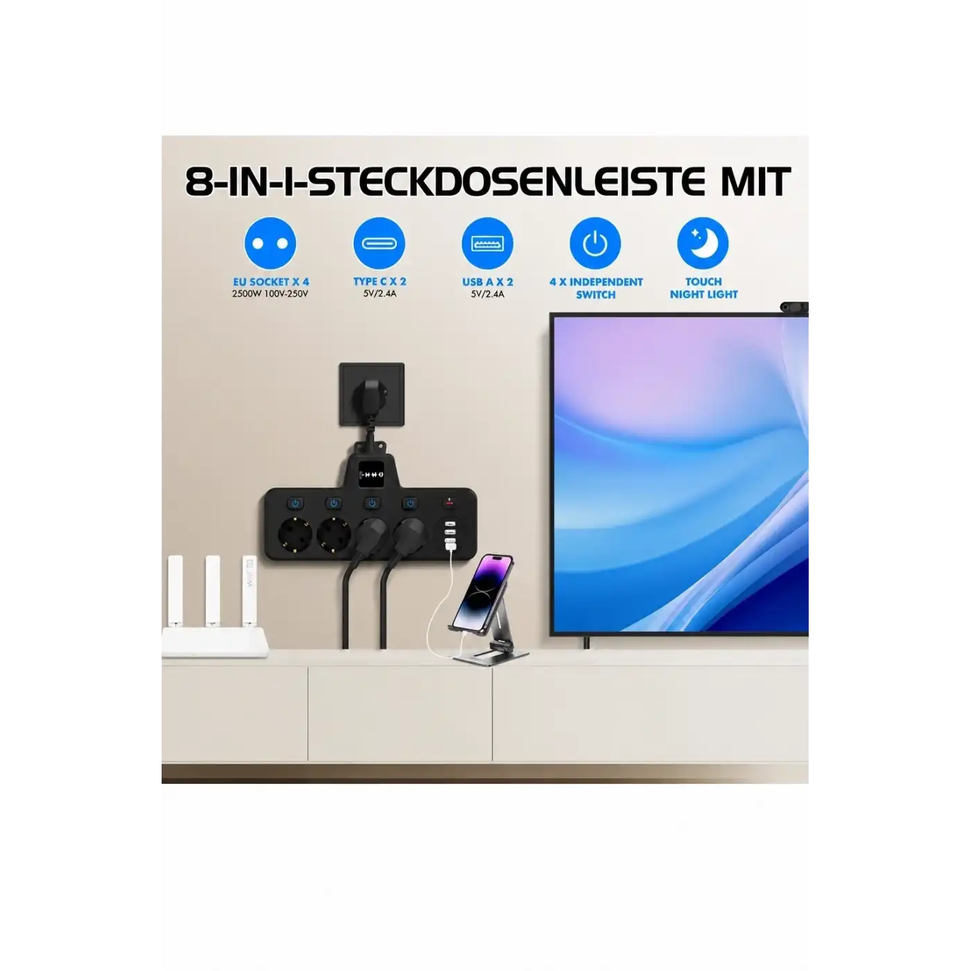 Termal Akım Korumalı 4’lü Duvar Tipi Priz 2x Usb 2x Type-c Çıkışlı Grup Priz Çoğaltıcı Siyah (2500w)