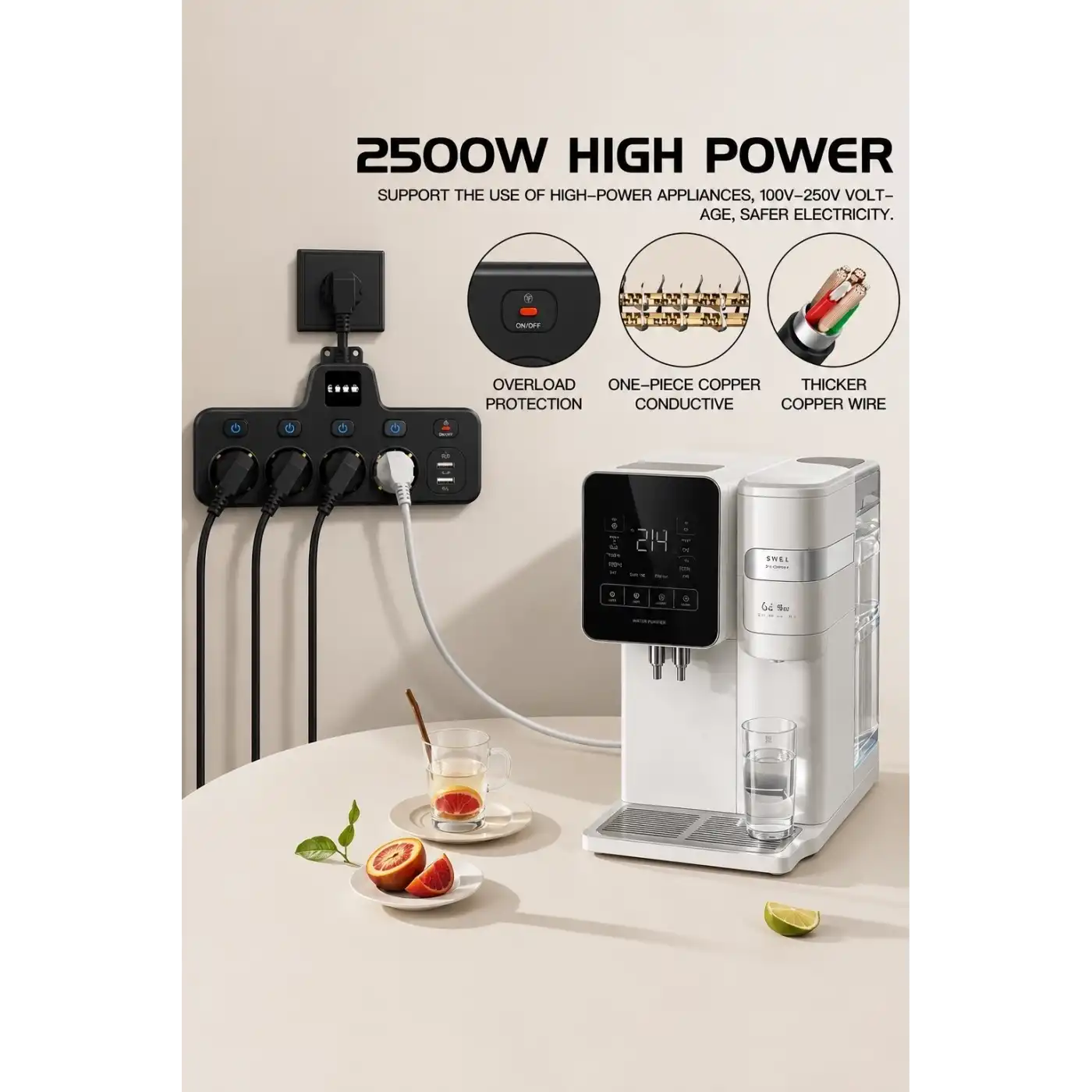 Termal Akım Korumalı 4’lü Duvar Tipi Priz 2x Usb 2x Type-c Çıkışlı Grup Priz Çoğaltıcı Siyah (2500w)