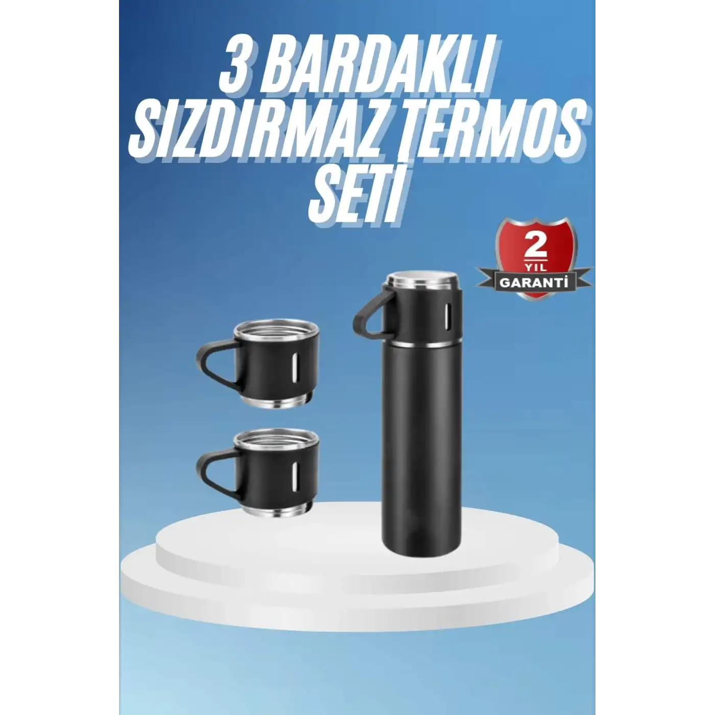 Termos Paslanmaz Çelik Termos Siyah Renk 3 Bardaklı Termos Seti