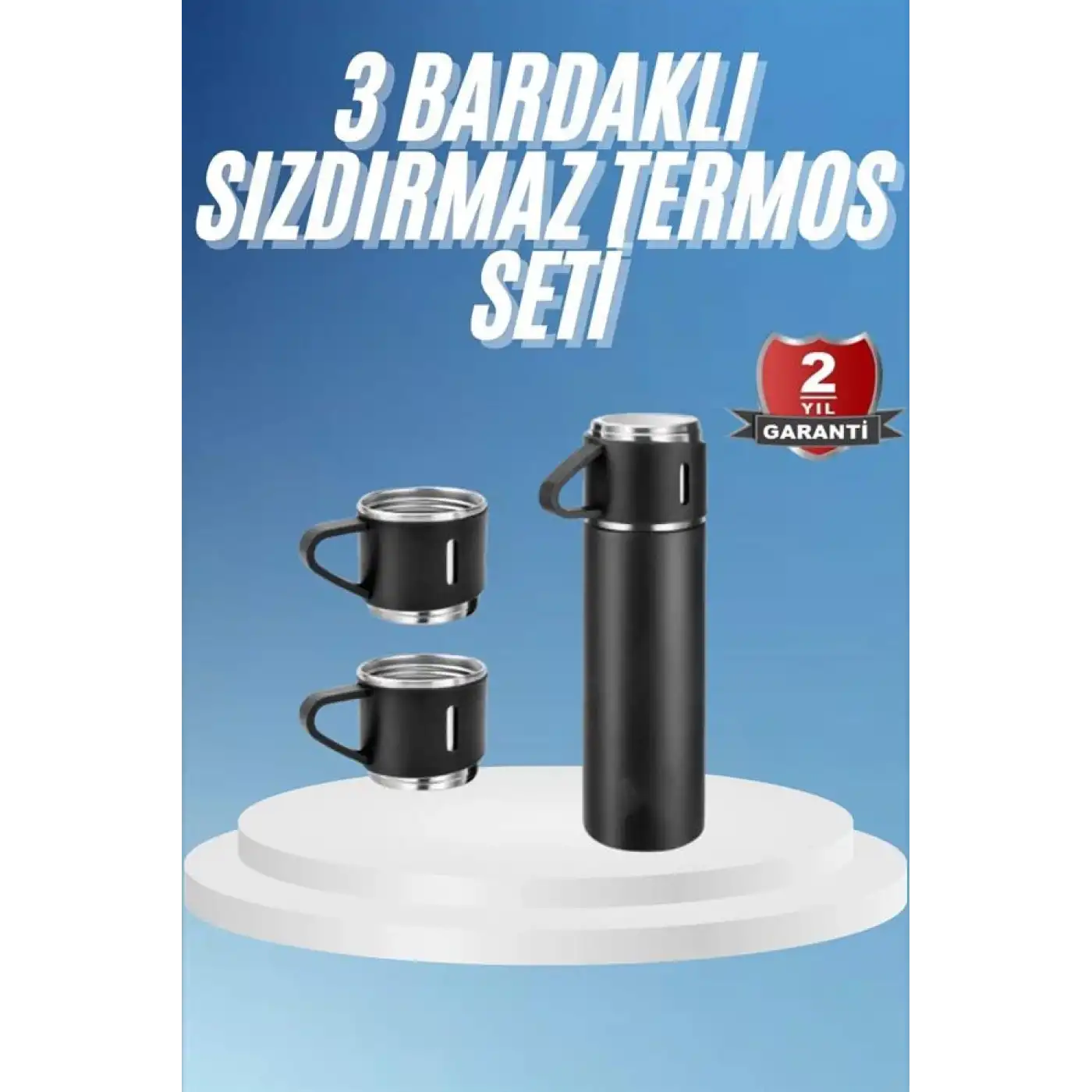 Termos Paslanmaz Çelik Termos Siyah Renk 3 Bardaklı Termos Seti