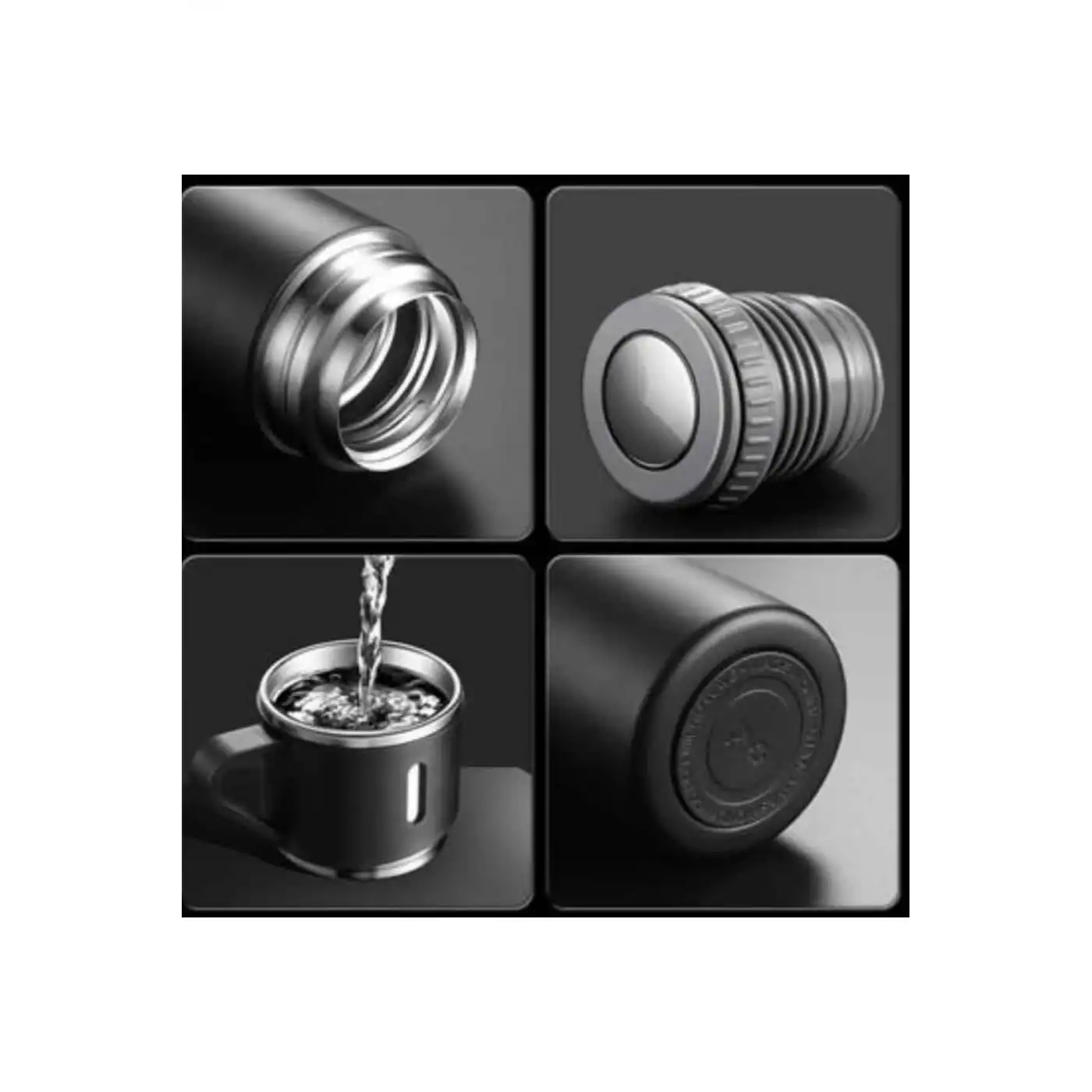 Termos Paslanmaz Çelik Termos Siyah Renk 3 Bardaklı Termos Seti