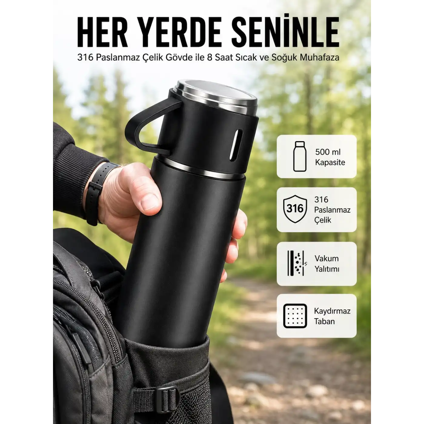 Termos Seti 3lü Bardak Seti Isı Dayanıklı Siyah Paslanmaz Çelik Vakumlu