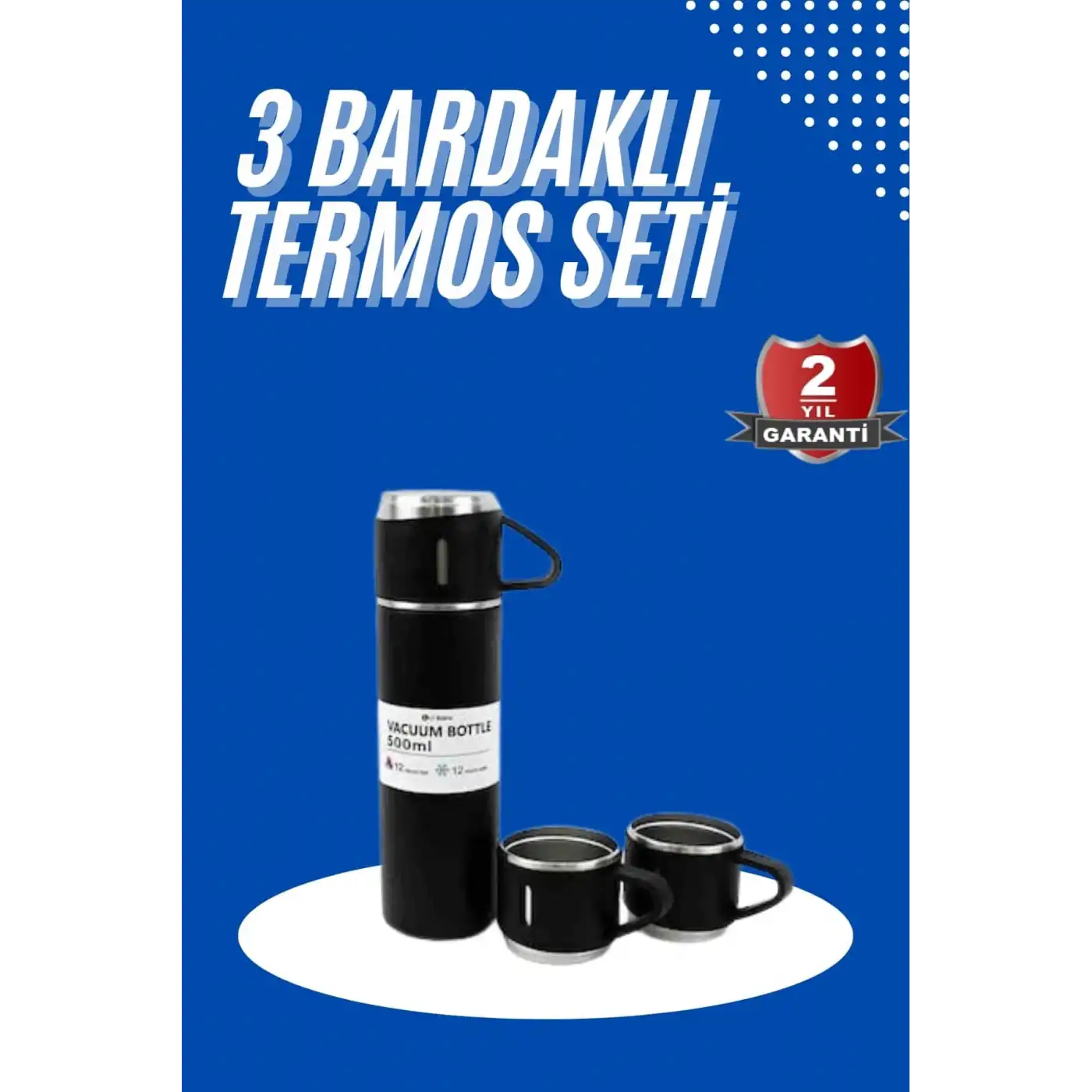 Termos Seti 3lü Bardak Seti Isı Dayanıklı Siyah Paslanmaz Çelik Vakumlu