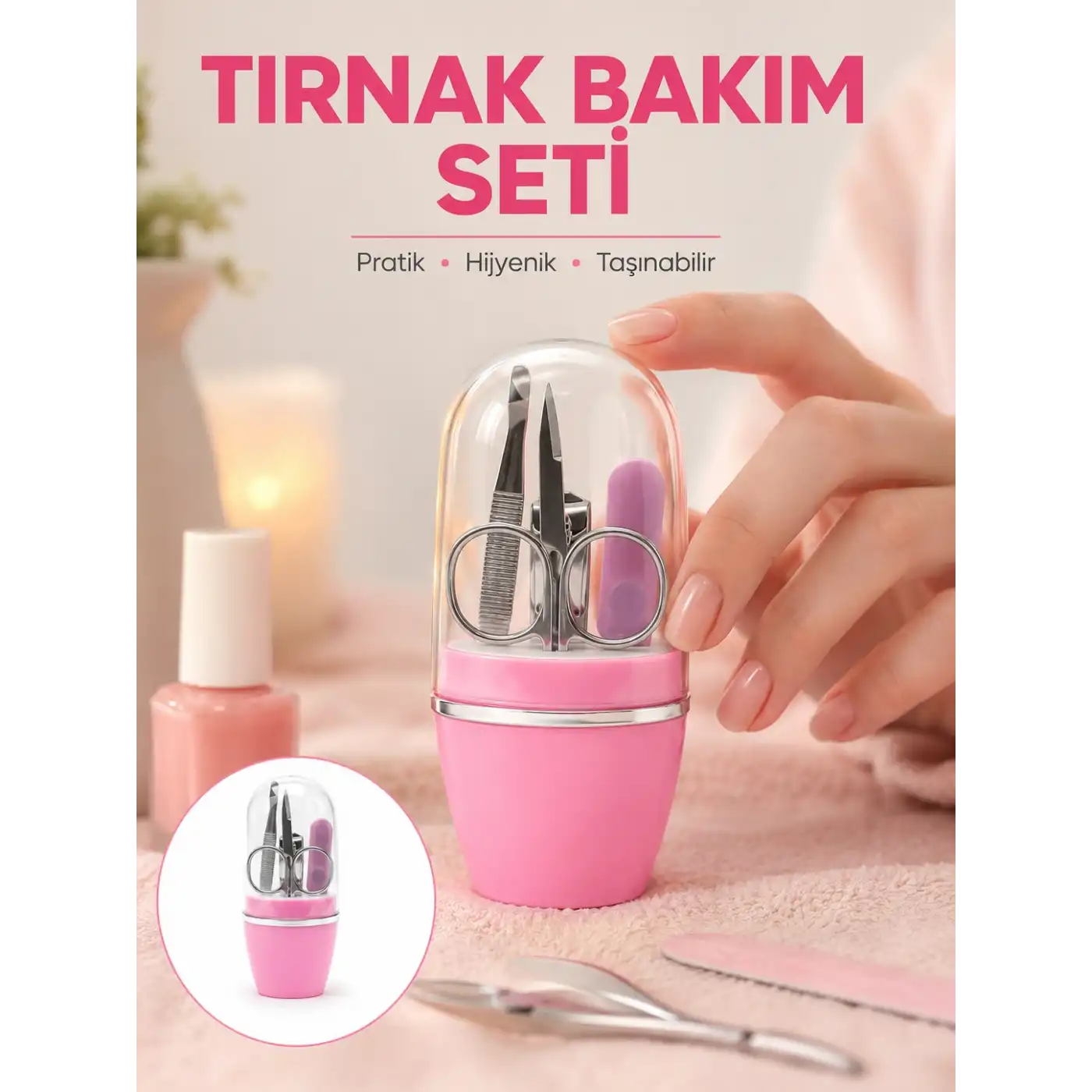 Tırnak Bakım Manikür Pedikür Seti 4 Parça Pembe Minimal ve Dayanıklı Yeni Nesil