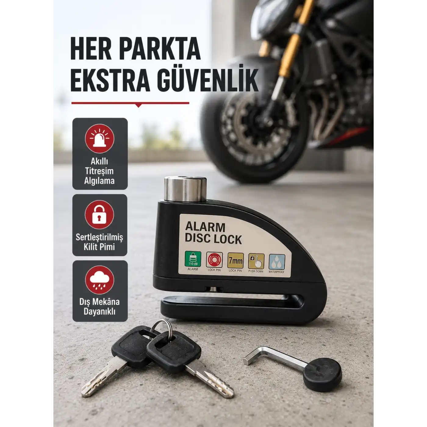 Titreşim Sensörlü Alarmlı Motosiklet Disk Kilidi 14mm Çelik Çift Kilitleme