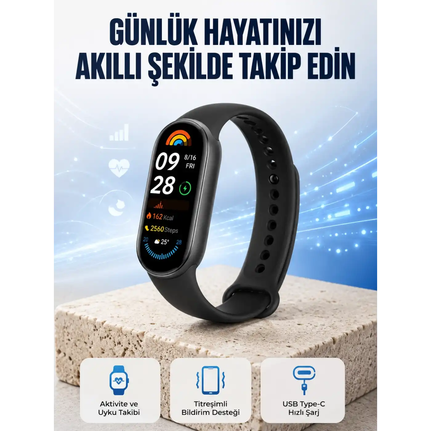 TPU ve Silikon Kordonlu Akıllı Bileklik – 20 Gün Bekleme Süresi Yeni Nesil