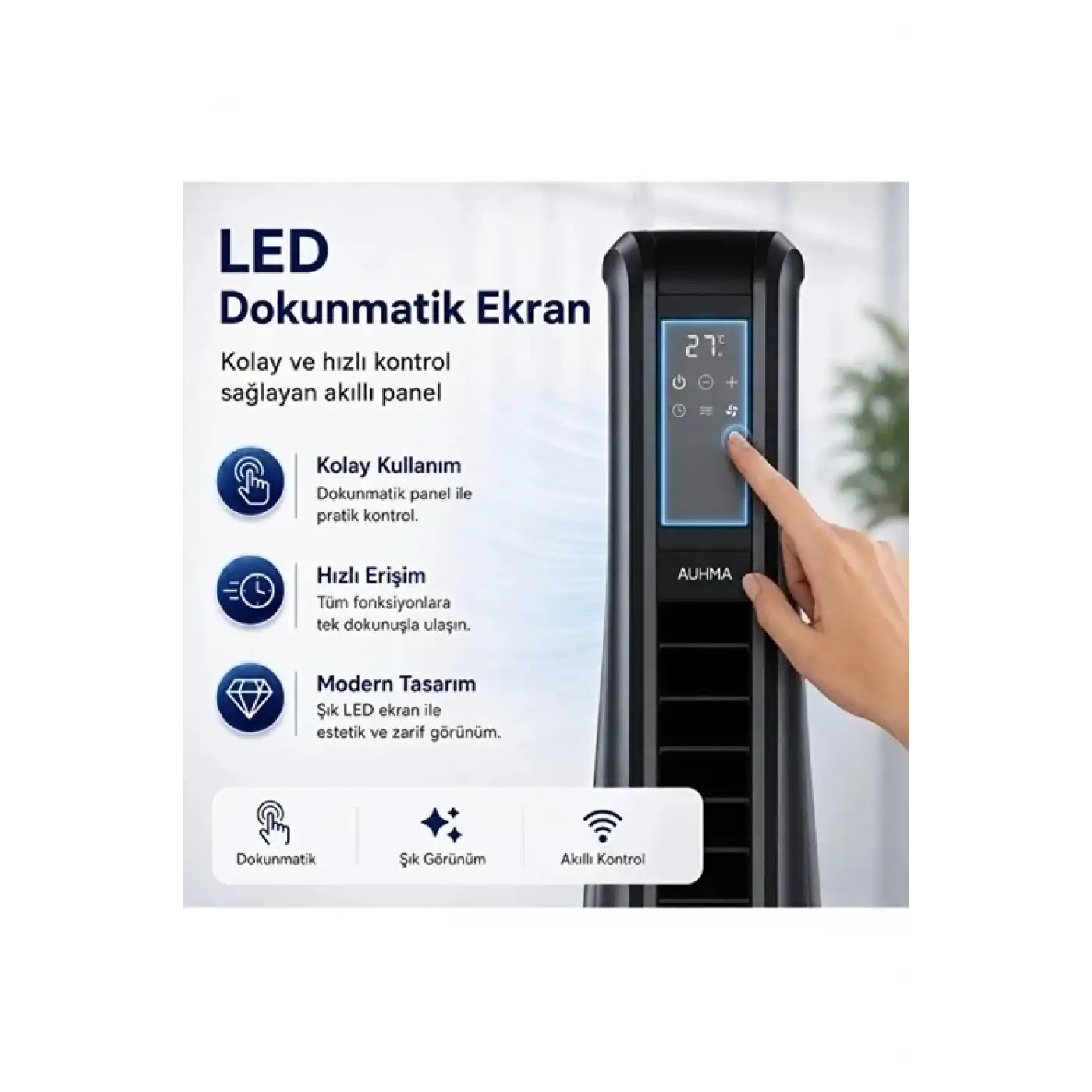 Turbo Smart Akıllı Fan Led Ekranlı Kumandalı 90° Hareketli Serinletici Soğutucu Kule Tipi Vantilatör